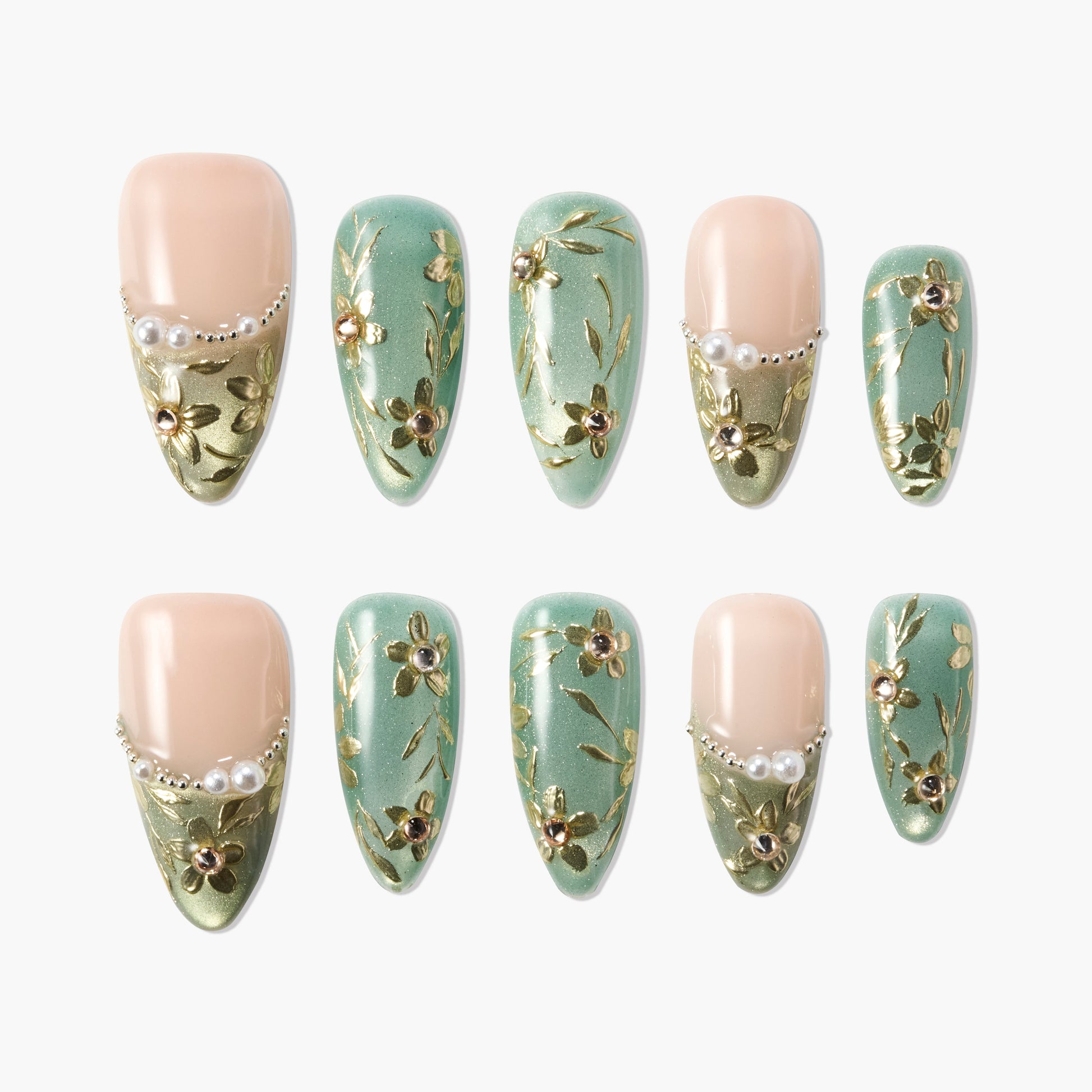 Green and gold floral press-on nails with gold accents and pearl embellishments