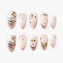 Handmade press-on nails with pink ombre, cherry blossom branches, panda art, and floral design