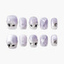 Lavender press-on nails with silver gems, argyle patterns, and quilted texture, glossy finish