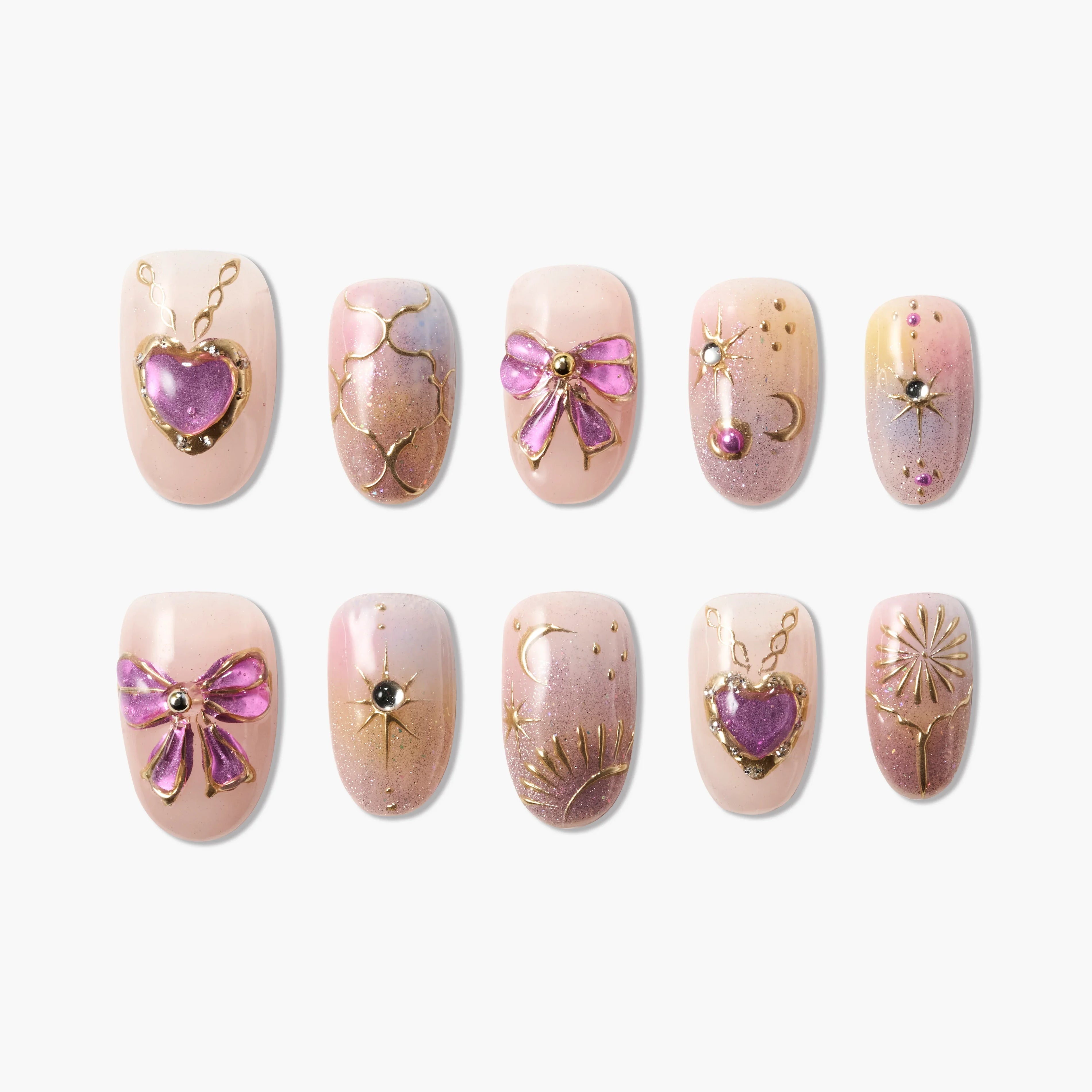 Handmade press-on nails with pink, purple, and gold celestial and bow designs