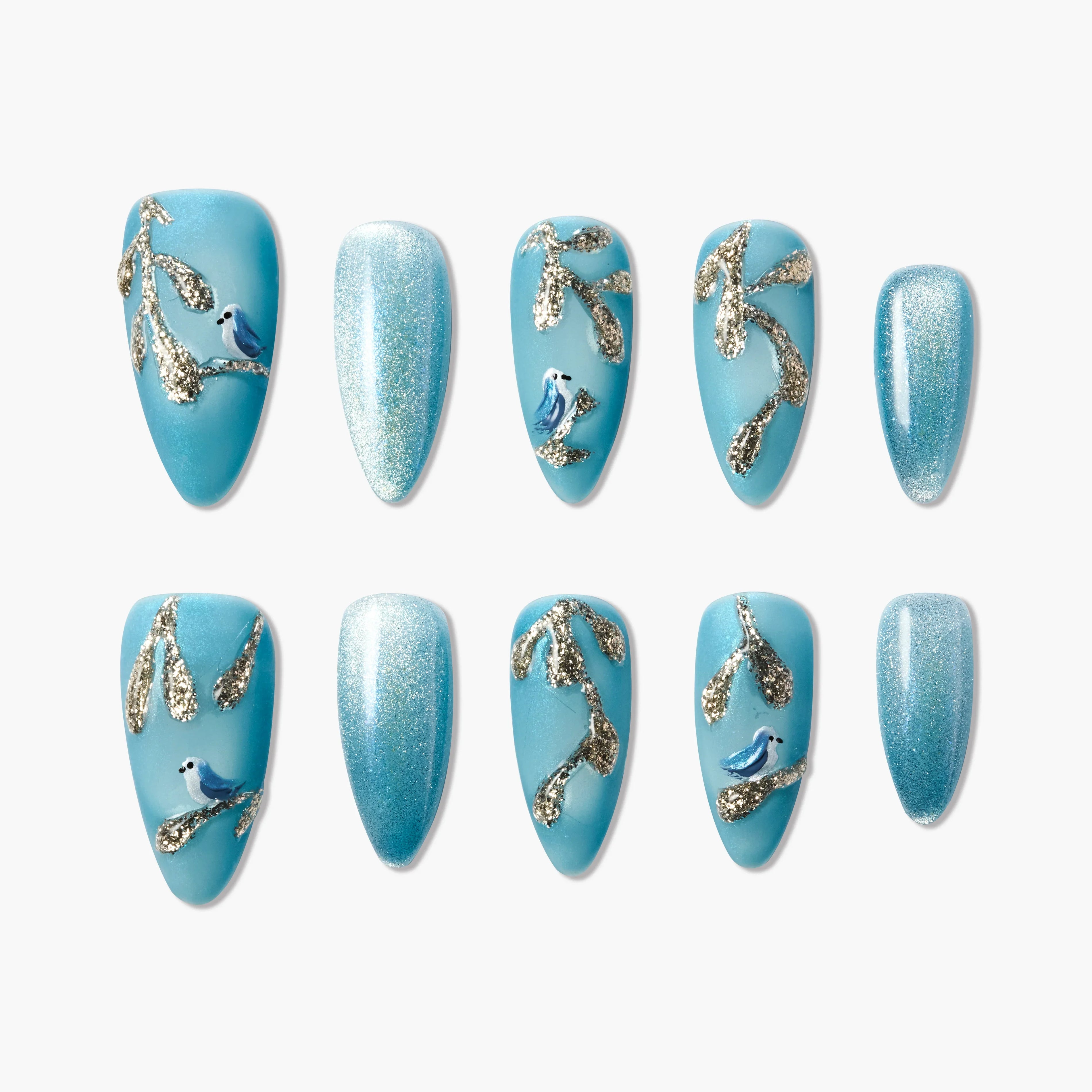 Blue press-on nails with glitter branches and small bird designs, elegant and reusable.