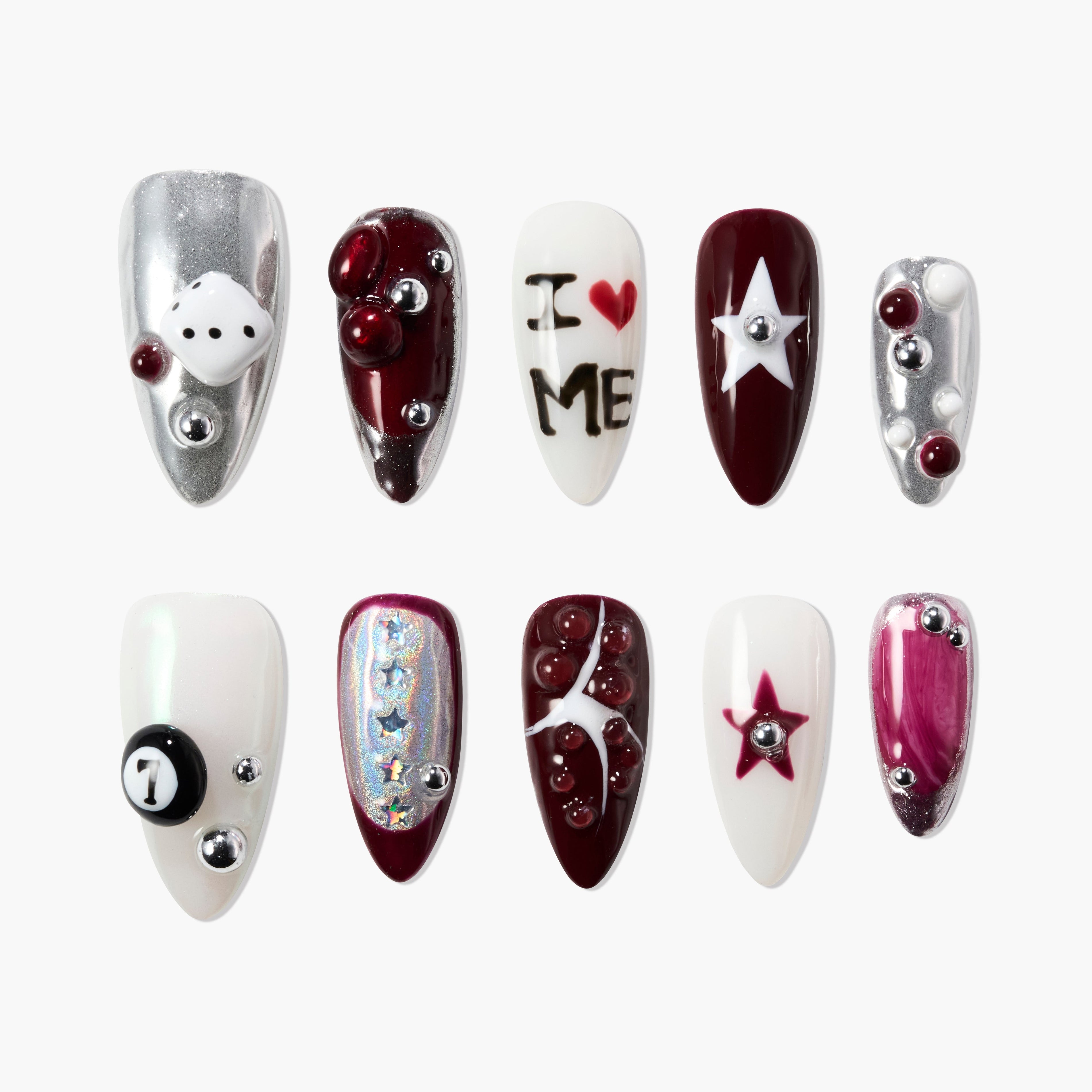 Handmade press-on nails with 3D dice, stars, pearls, and heart designs in red, silver, and white.