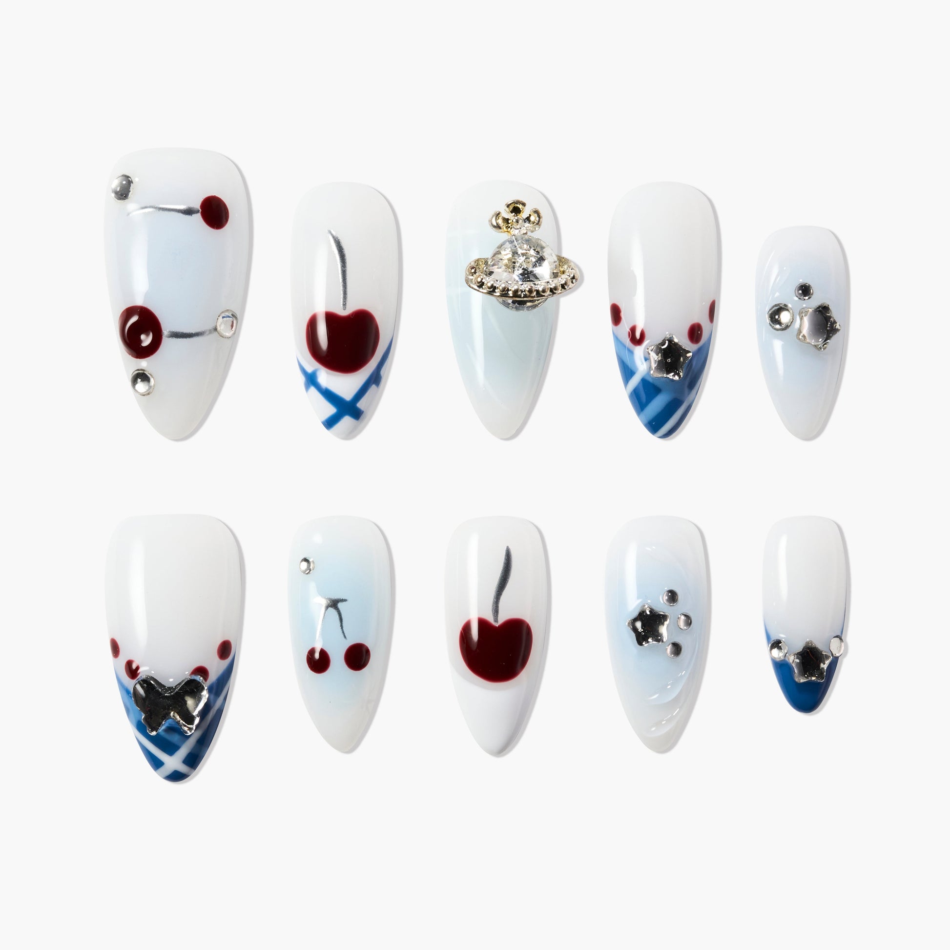 Handmade press-on nails with cherry designs, blue accents, and rhinestone embellishments.