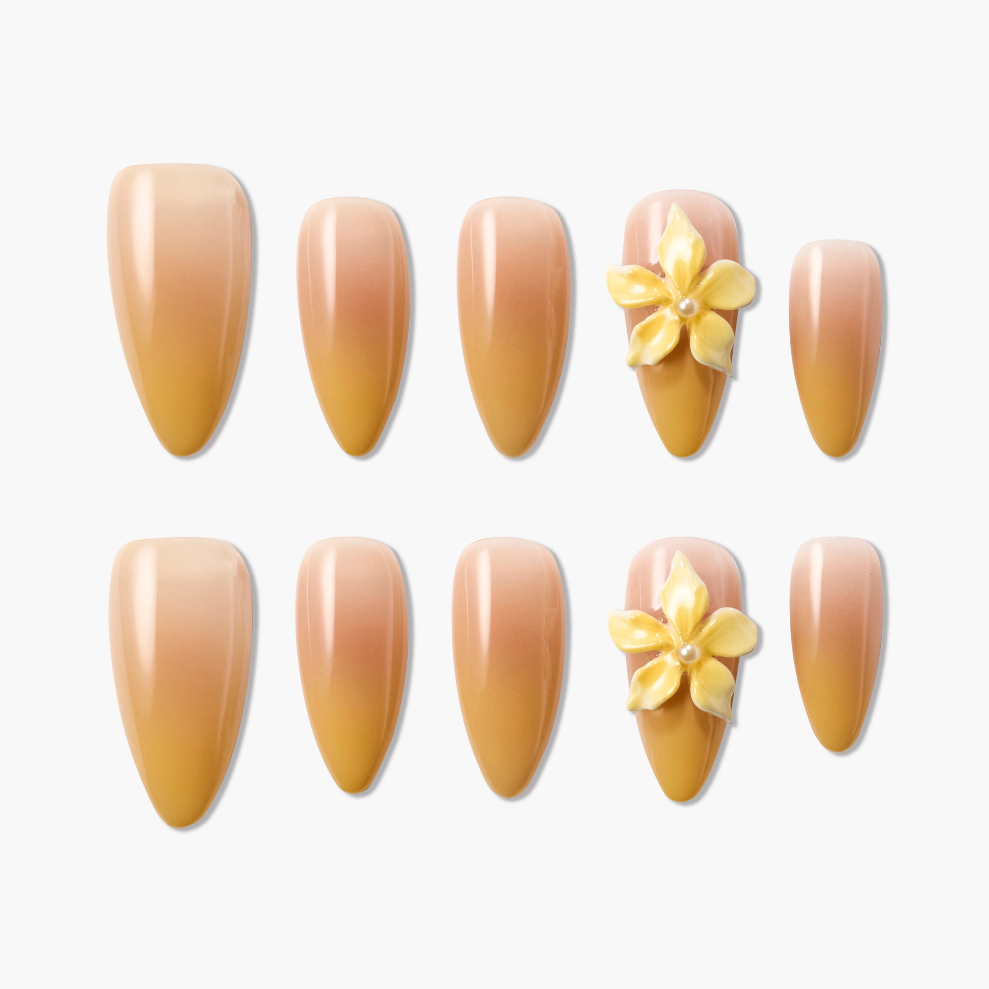 Ombre yellow nude press-on nails with 3D yellow flower accents, glossy finish