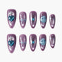 Purple press-on nails with 3D heart, star, and planet galaxy art designs