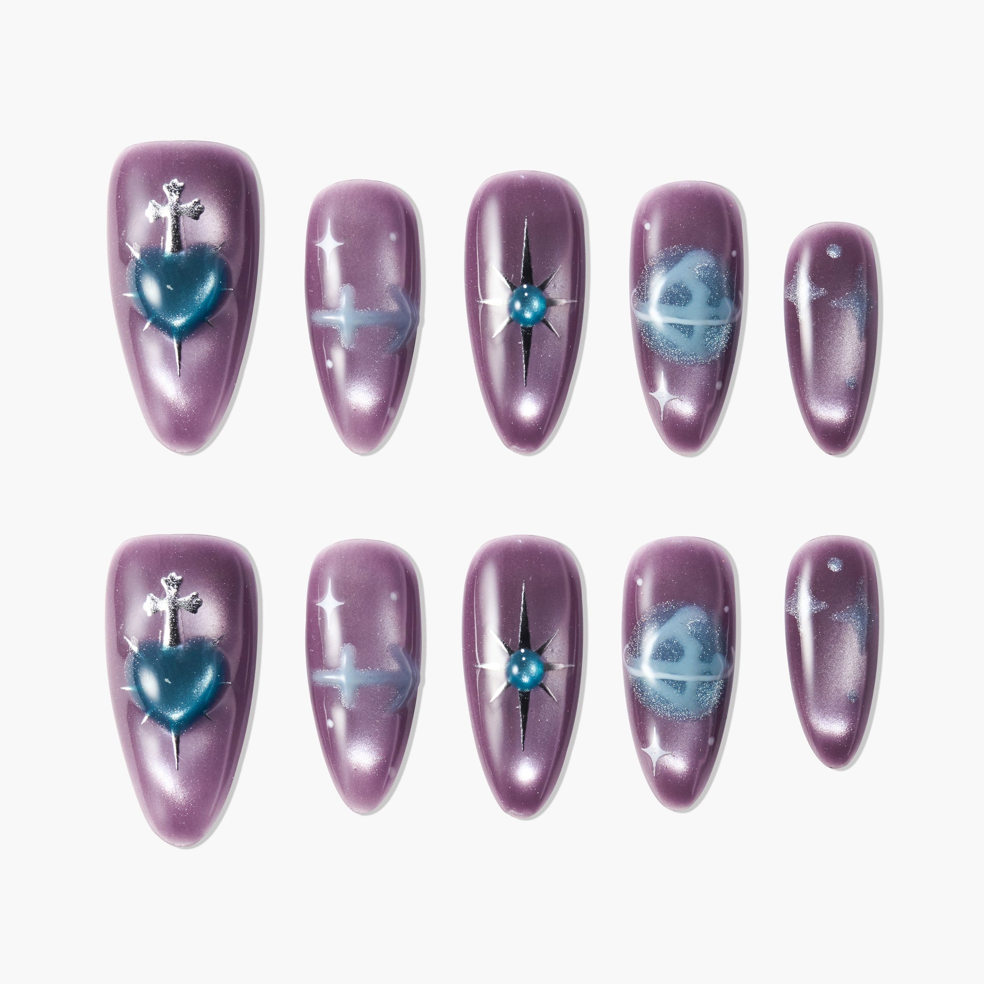 Purple press-on nails with 3D heart, star, and planet galaxy art designs