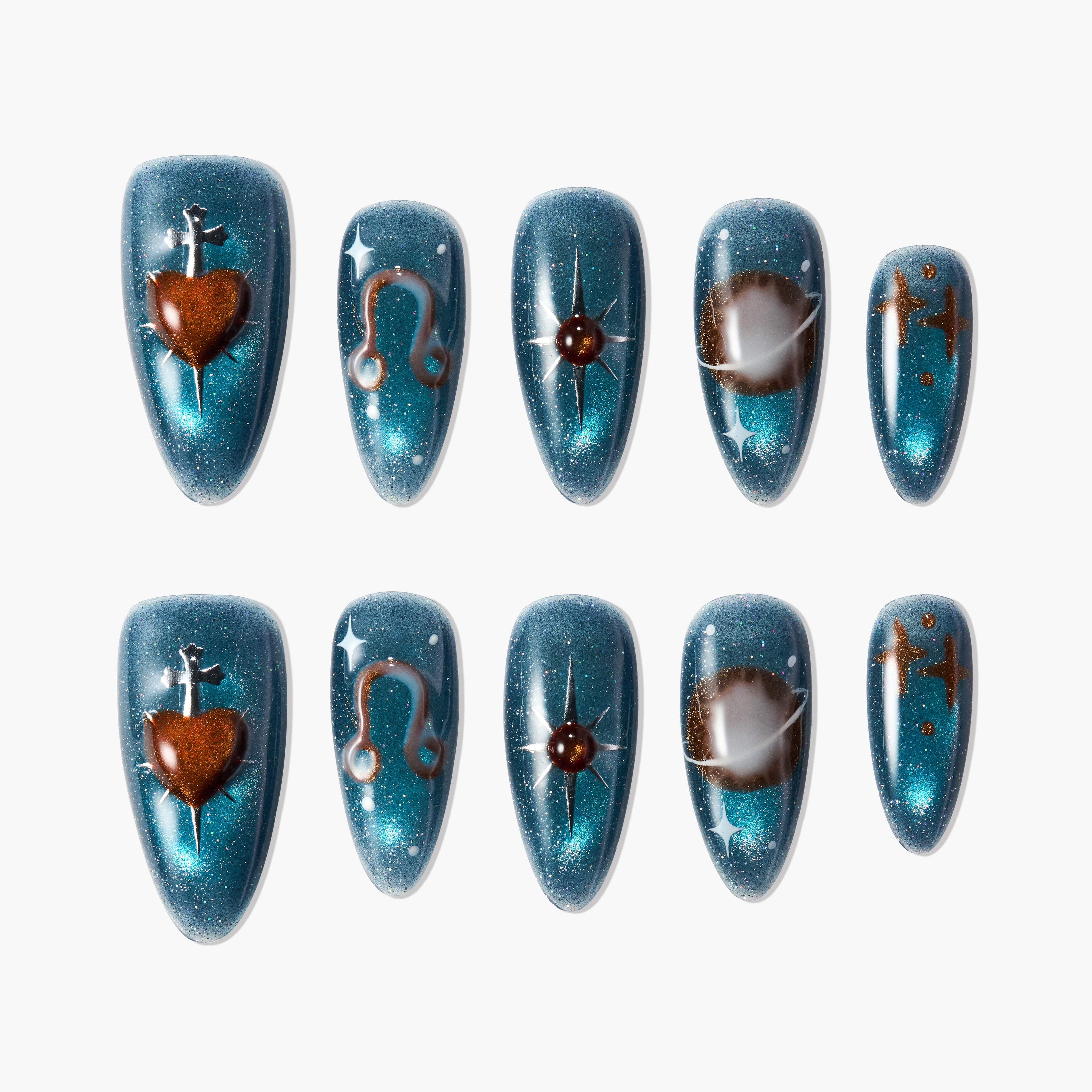 Blue glitter press-on nails with brown celestial and heart designs, set of ten.