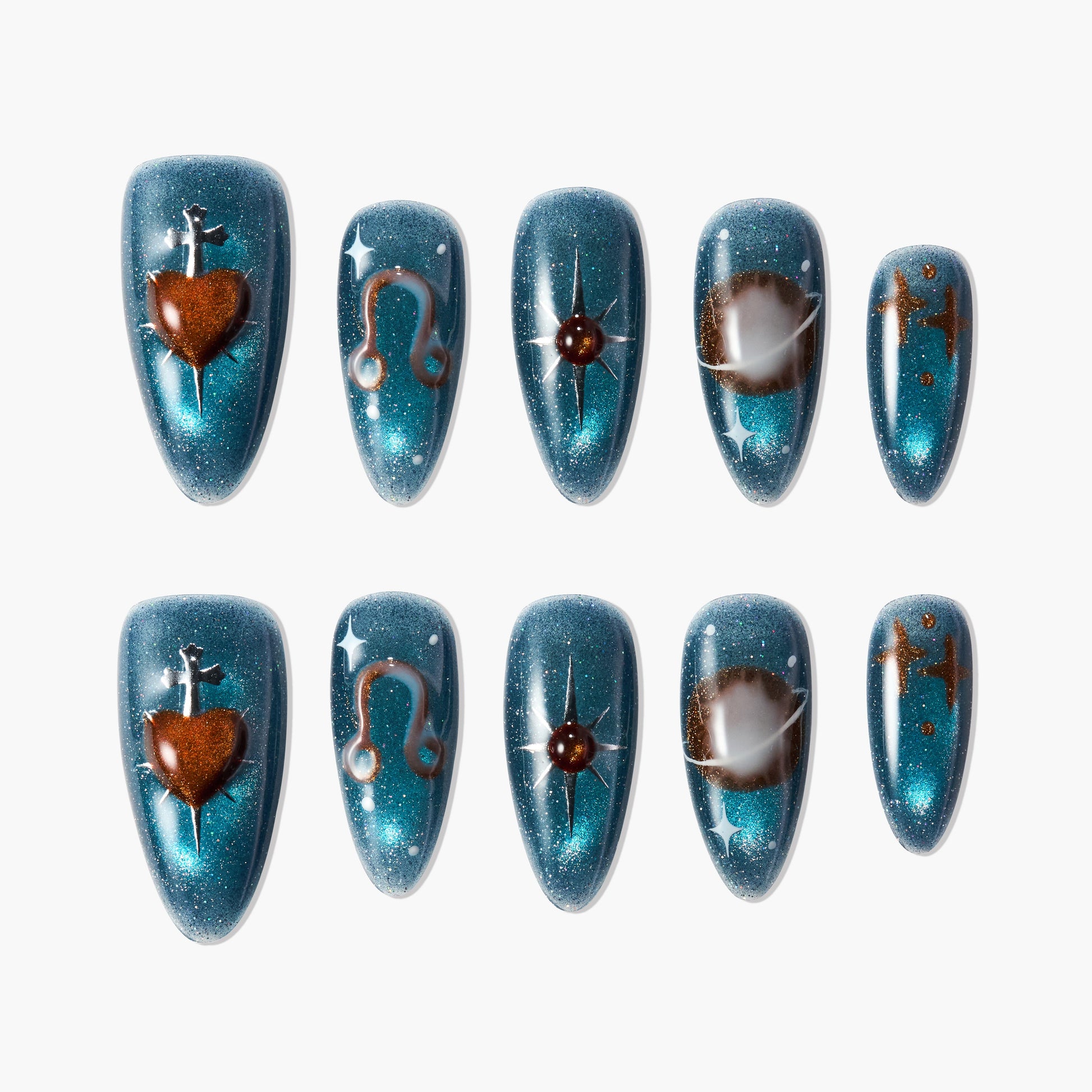 Blue glitter press-on nails with brown celestial and heart designs, set of ten.