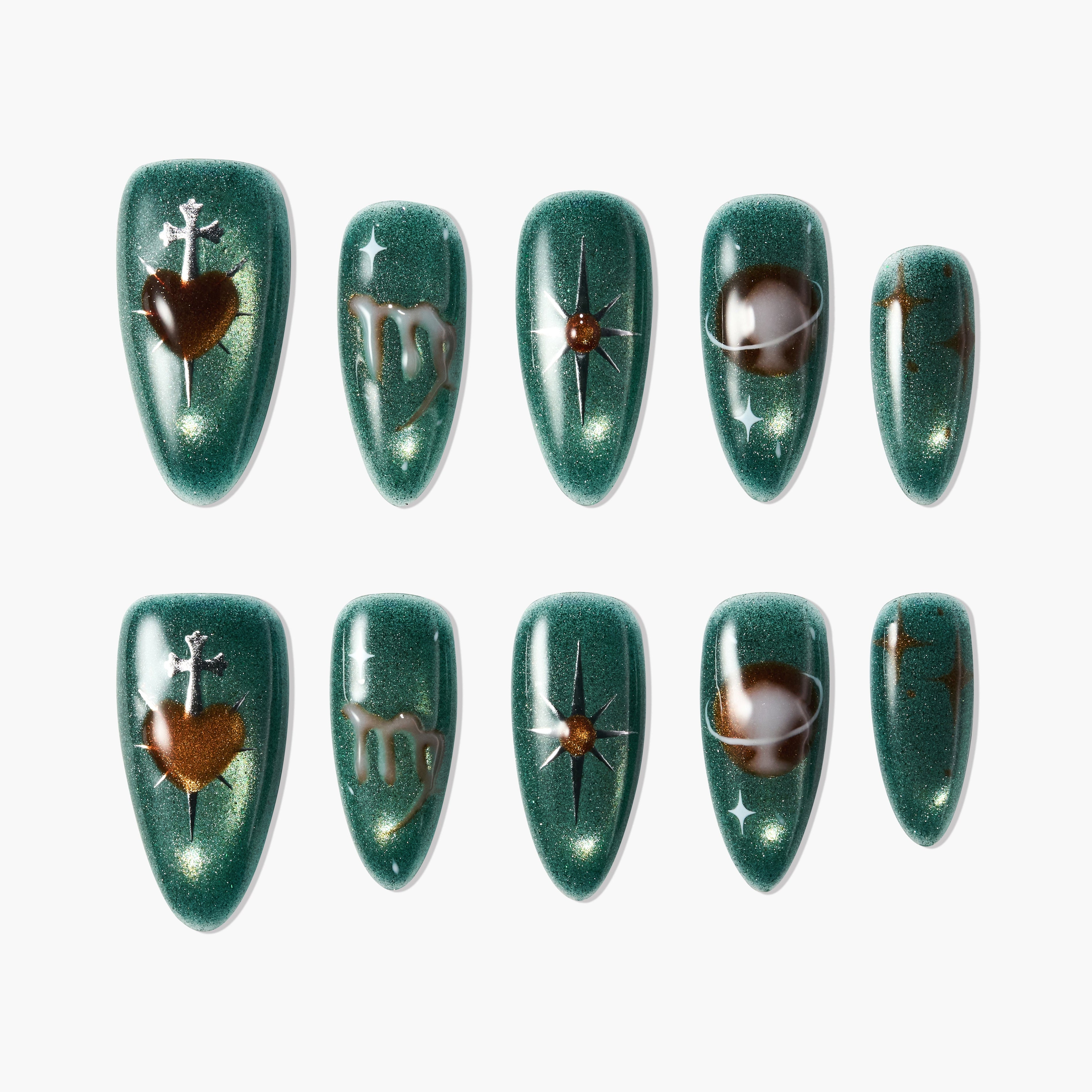 Green press-on nails with gold heart, star, marble, and drip designs, glossy finish.