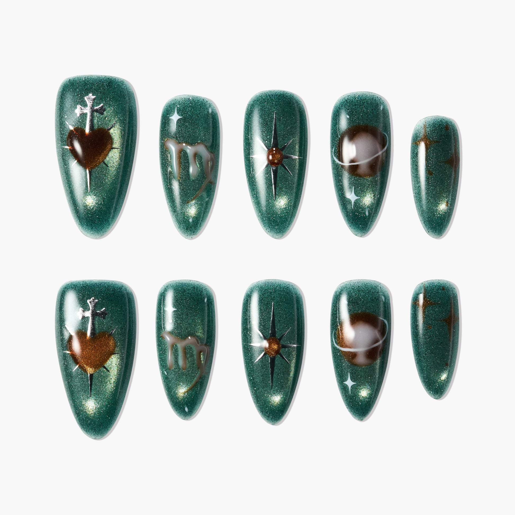 Green press-on nails with gold heart, star, marble, and drip designs, glossy finish.