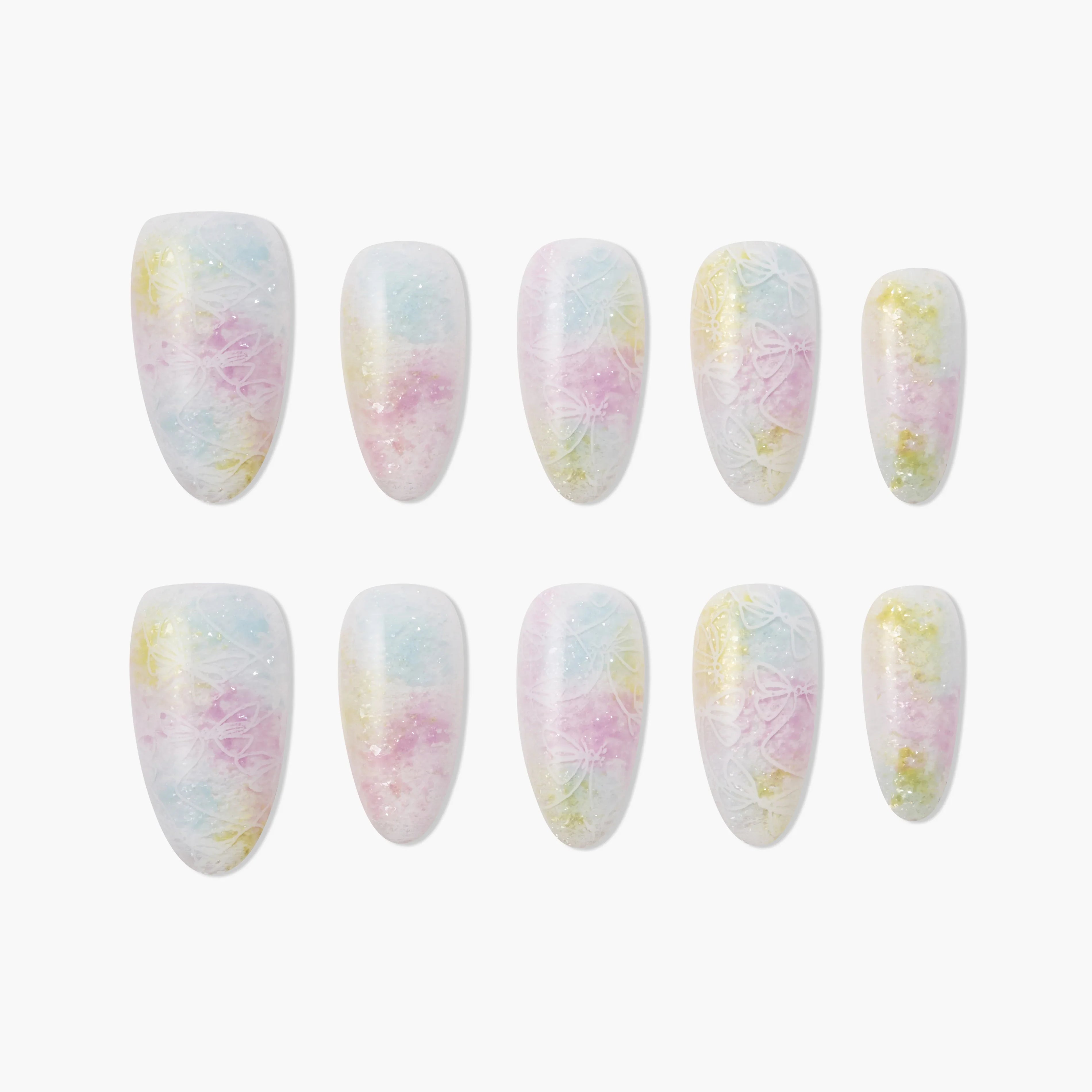 Handmade press-on nails with pastel watercolor design and white floral accents