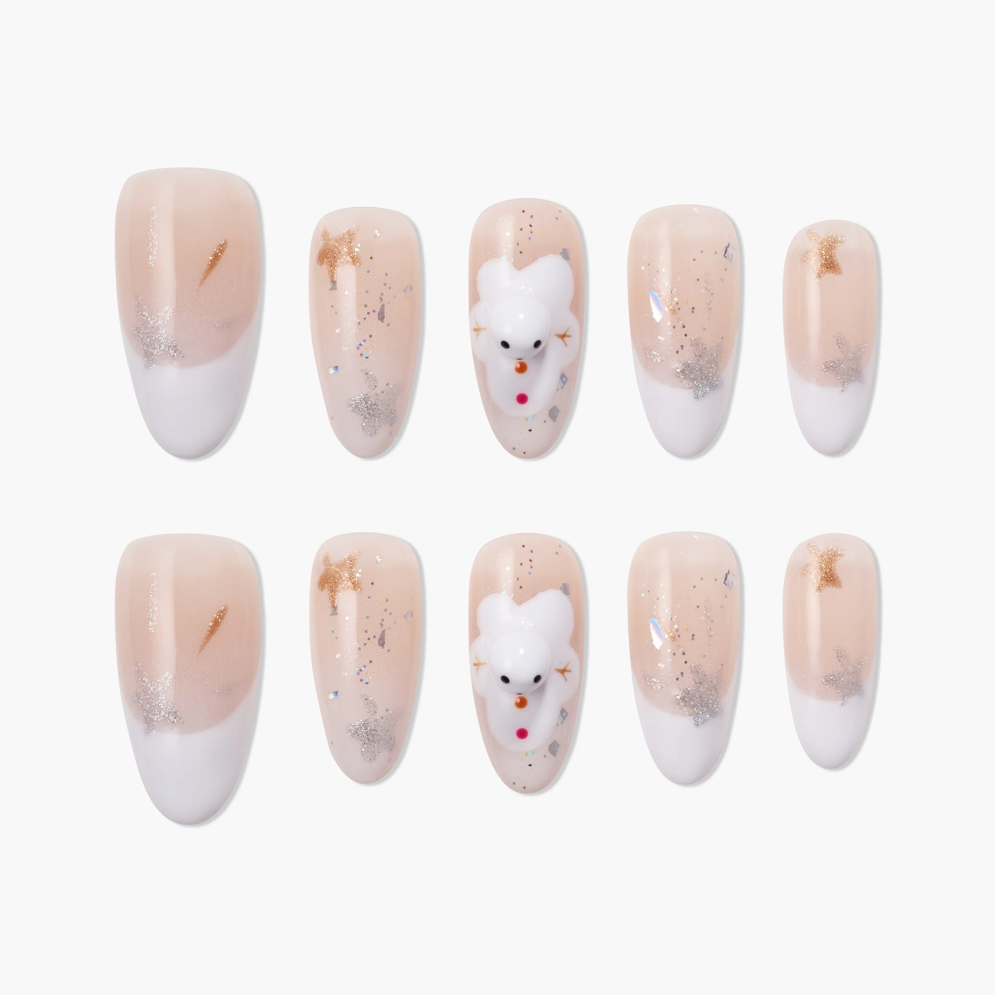 Handmade press-on nails with nude base, white French tips, gold stars, silver glitter, and 3D bear design.