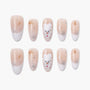 Handmade press-on nails with nude base, white French tips, gold stars, silver glitter, and 3D bear design.