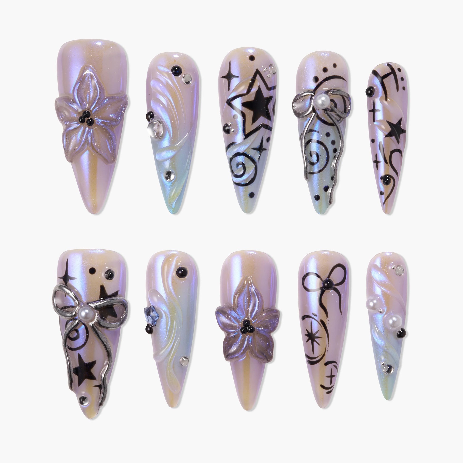 Handmade press-on nails with iridescent finish, 3D flowers, bows, stars, and gemstone accents