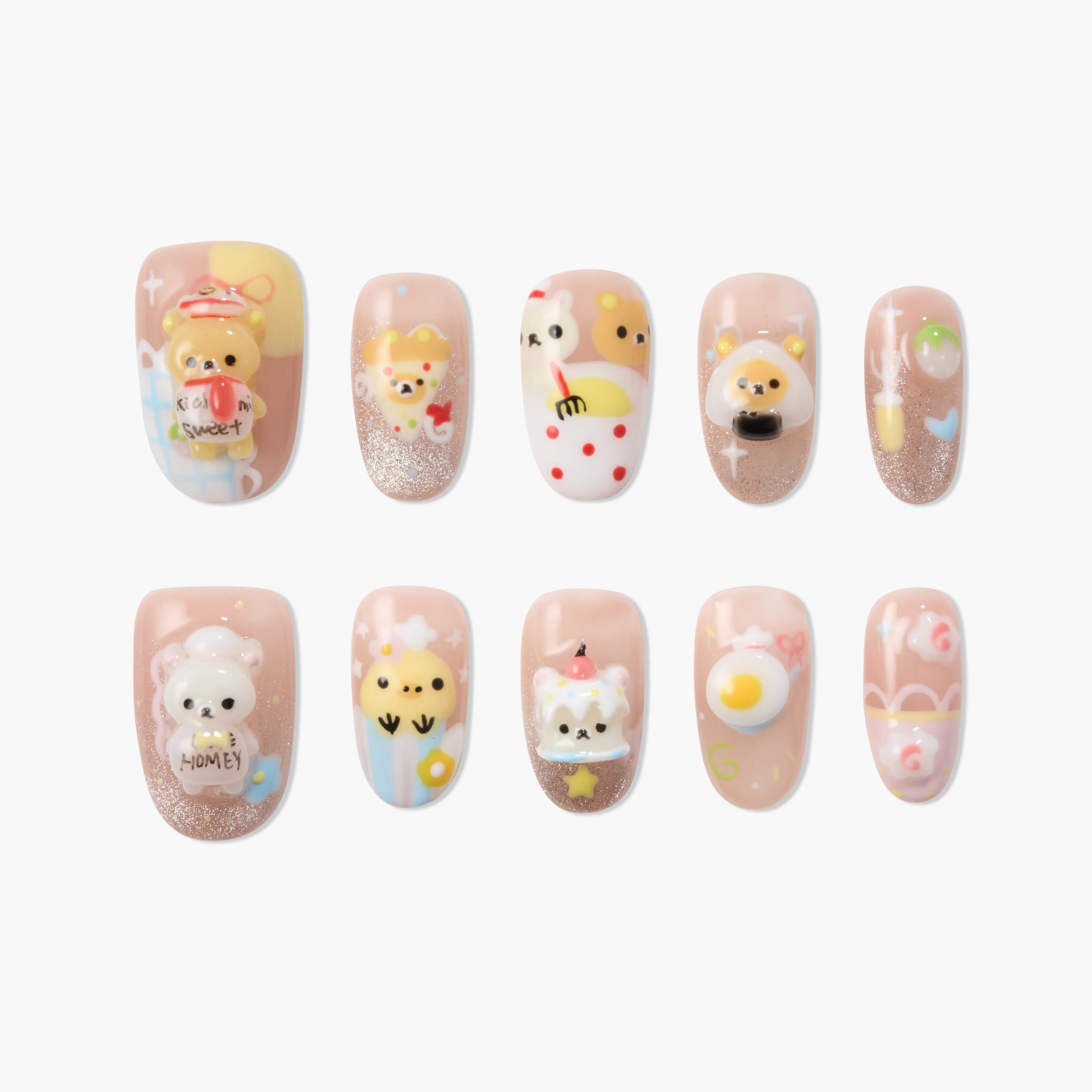 Handmade press-on nails with 3D animal and dessert designs on nude glitter base, cute nail art