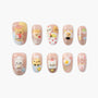 Handmade press-on nails with 3D animal and dessert designs on nude glitter base, cute nail art