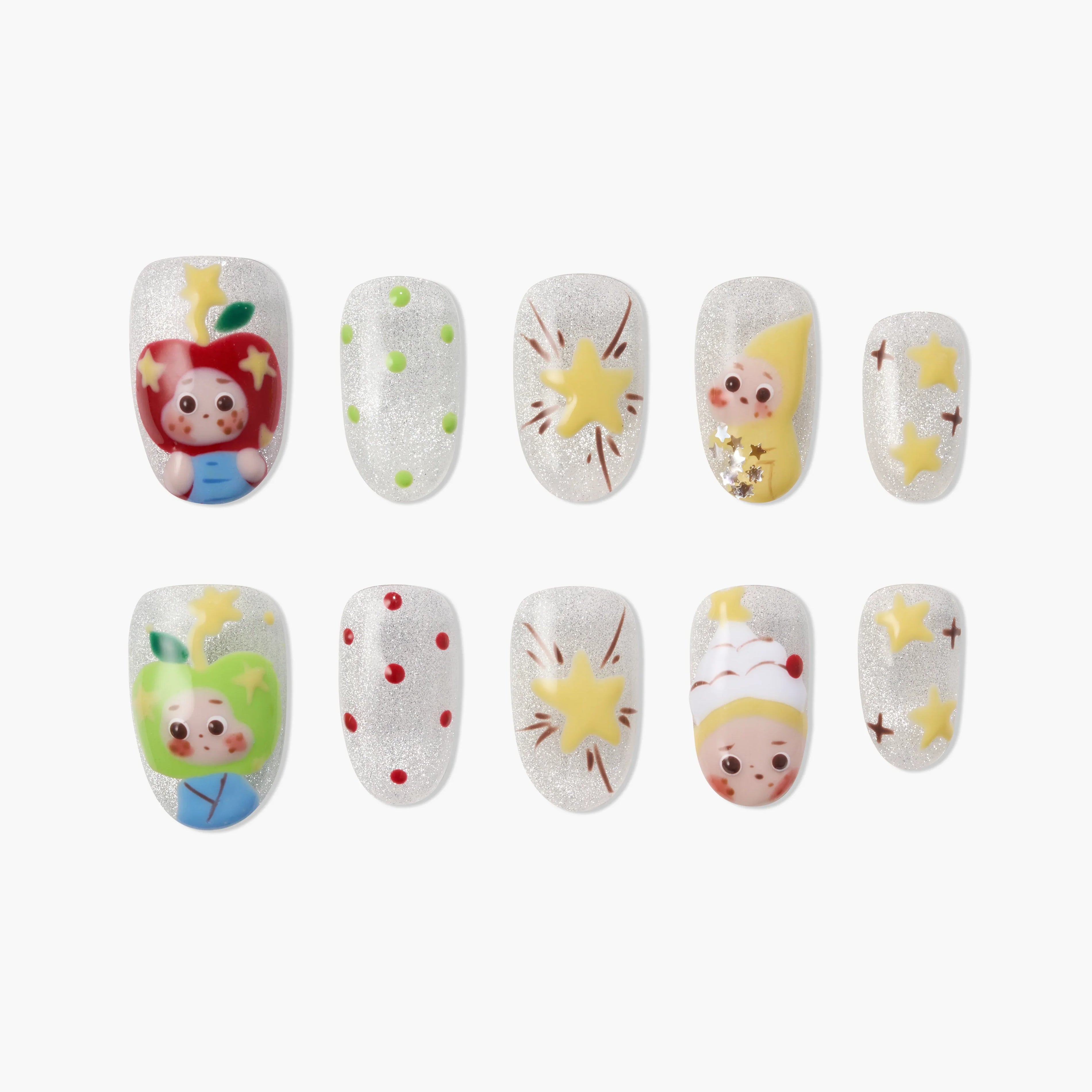 handmade press-on nails with cartoon characters, stars, and polka dot designs on glitter base