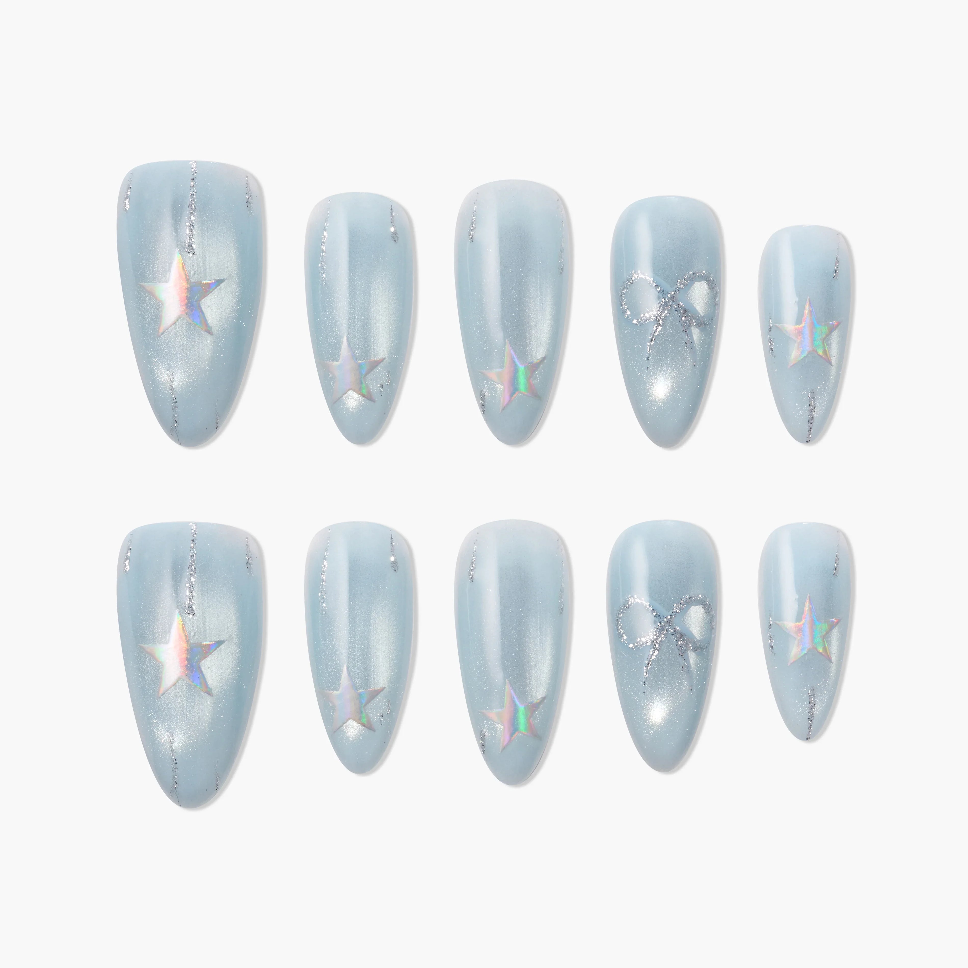 Handmade light blue press-on nails with holographic stars, bows, and glitter accents