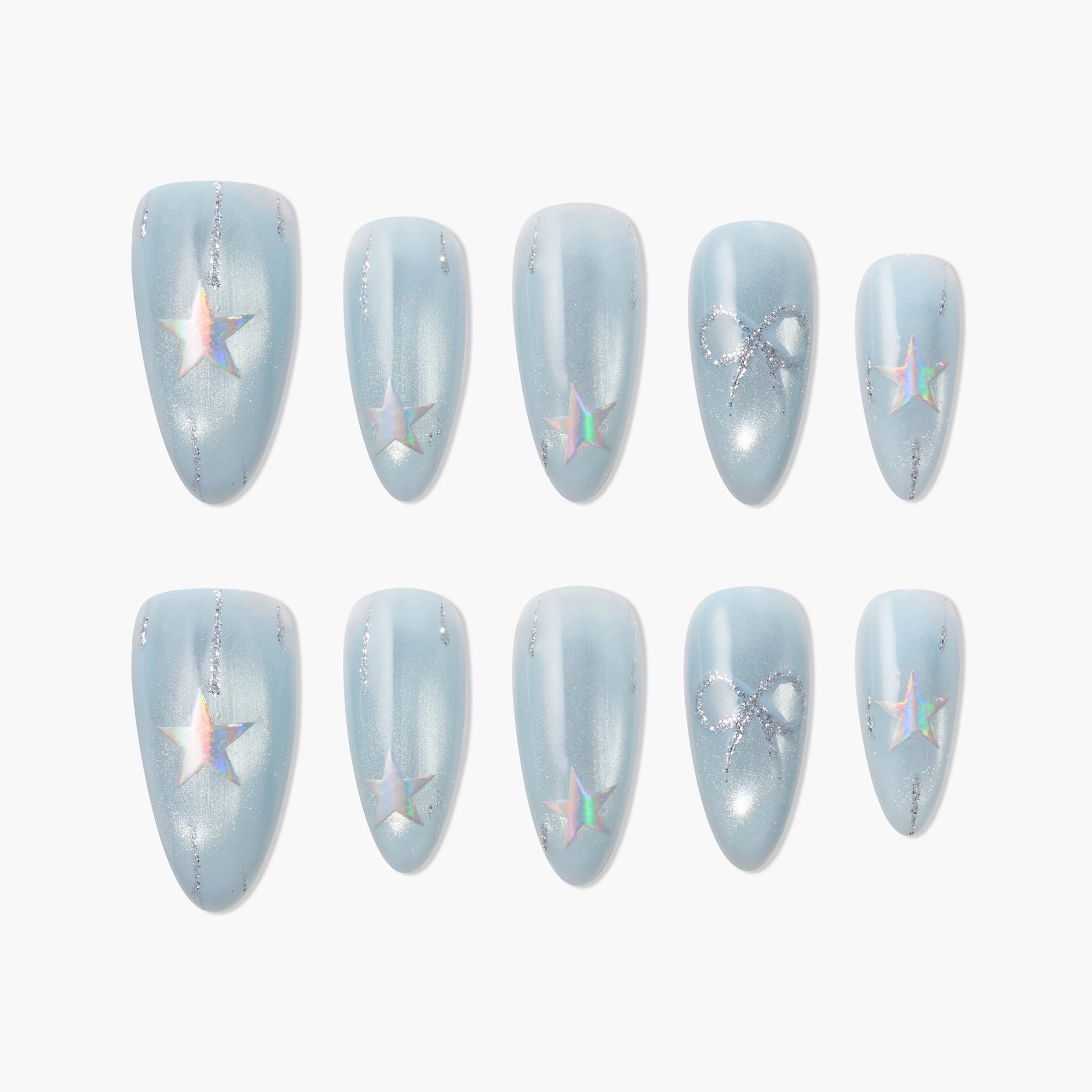 Handmade light blue press-on nails with holographic stars, bows, and glitter accents
