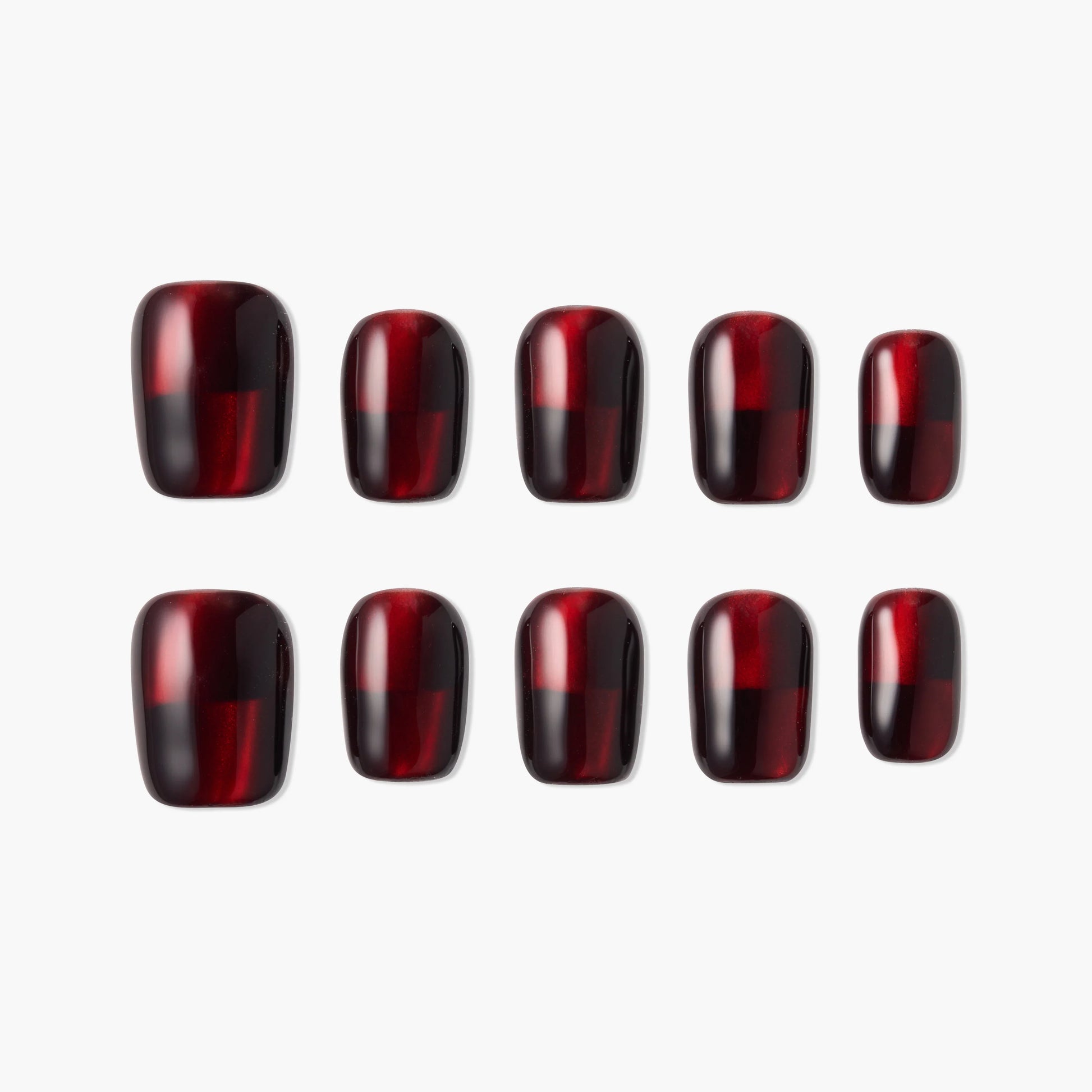 Glossy burgundy handmade press-on nails with a deep red ombre design, set of ten.