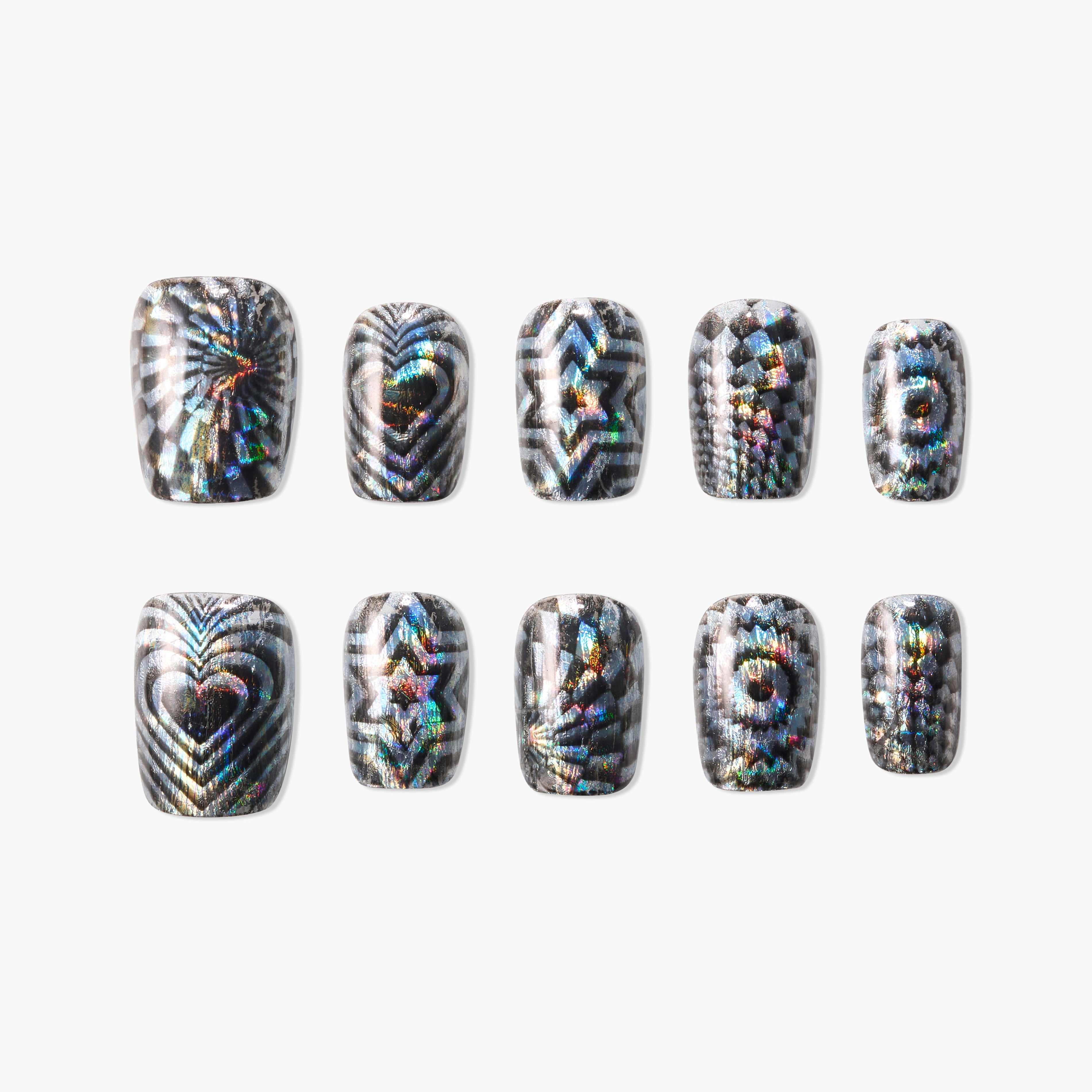Holographic press-on nails with black and silver geometric patterns arranged on white background
