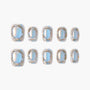 Iridescent blue press-on nails with silver glitter border, reusable salon manicure set