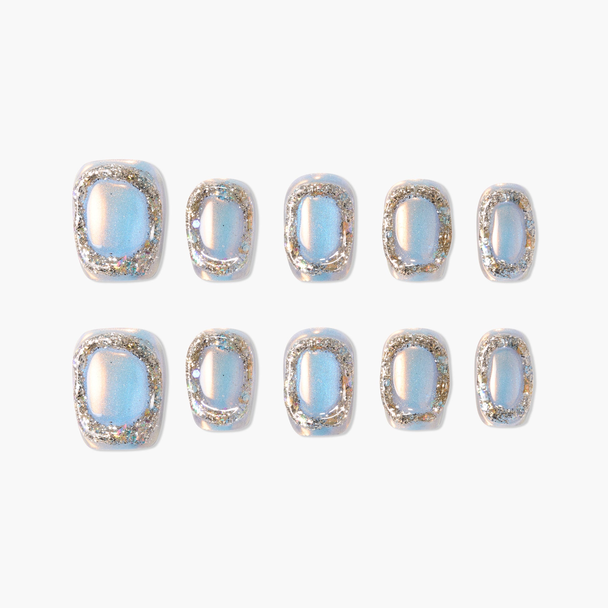 Iridescent blue press-on nails with silver glitter border, reusable salon manicure set