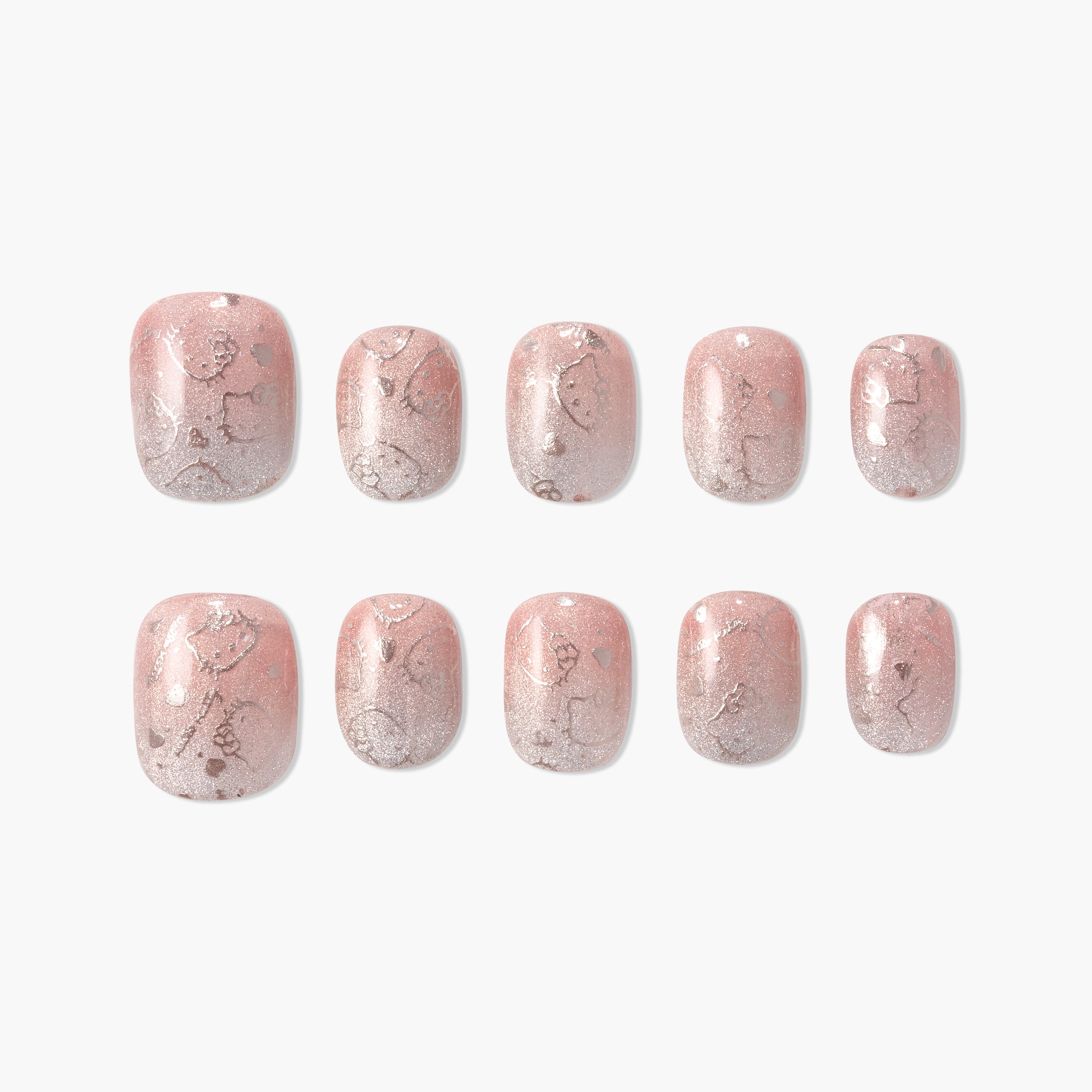 Handmade press-on nails with pink and silver marble design, glossy finish, set of ten