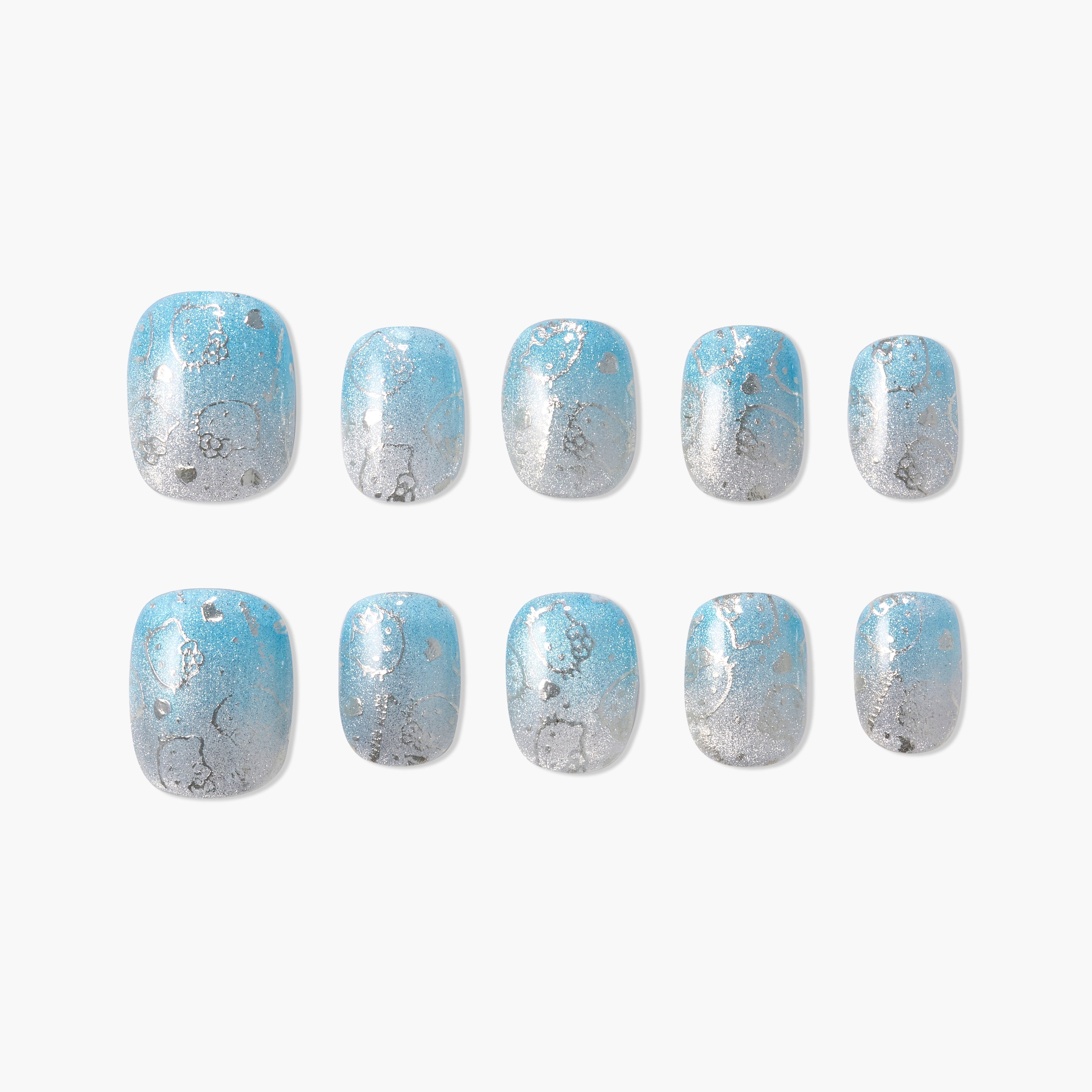 Blue and silver marble press-on nails with glitter, square shape, set of ten on white background