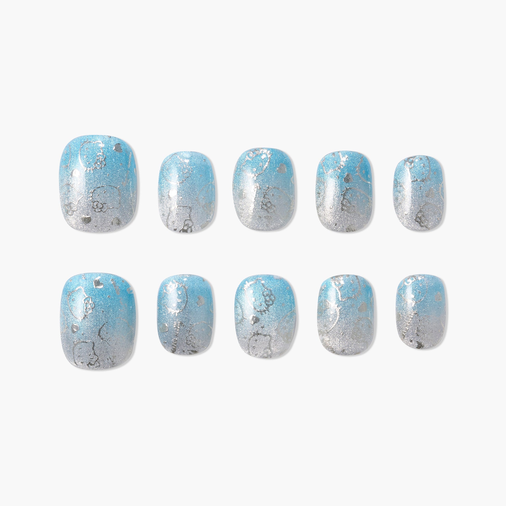 Blue and silver marble press-on nails with glitter, square shape, set of ten on white background