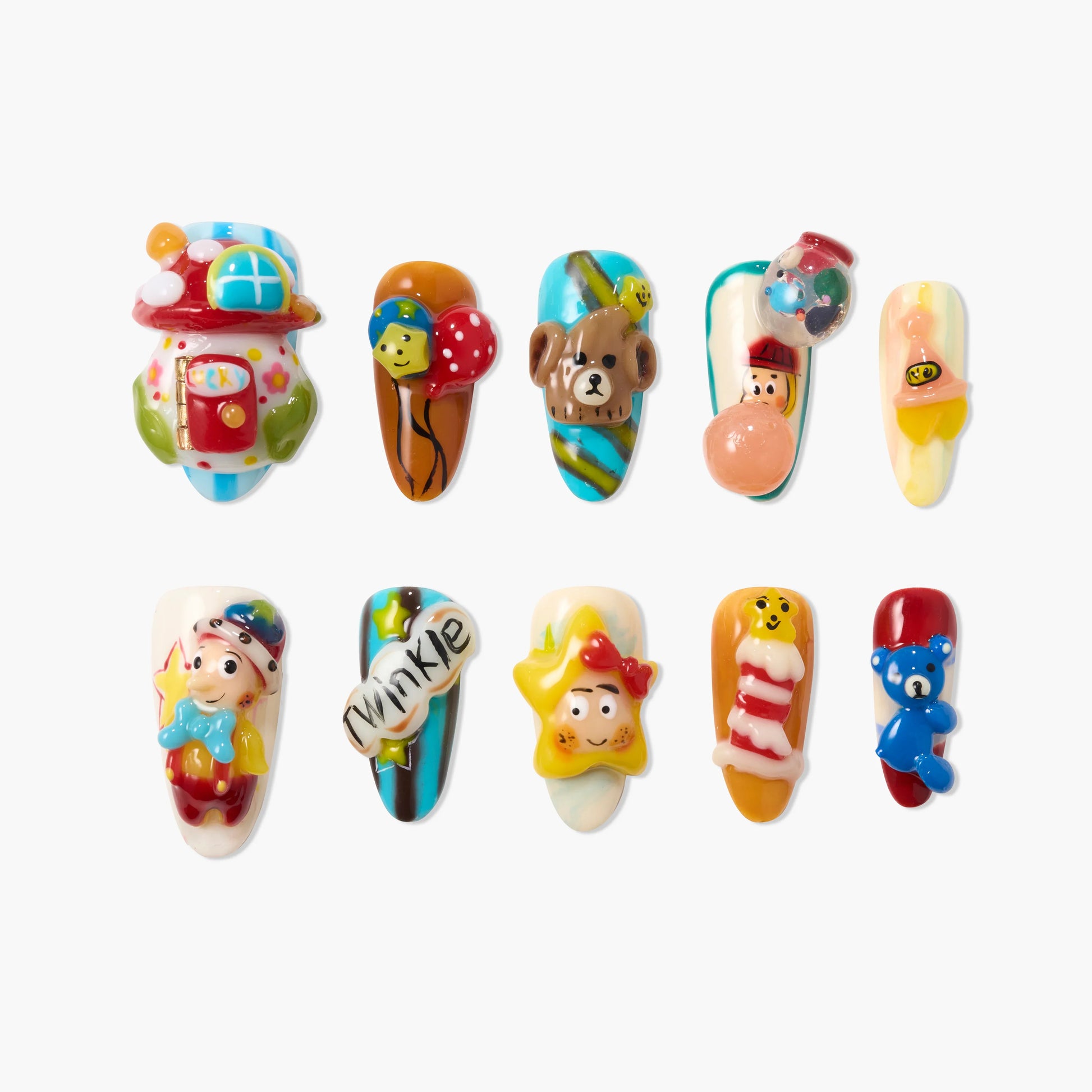 Colorful handmade press-on nails with 3D cartoon designs, stars, bears, and playful details