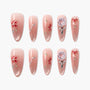 Handmade pink press-on nails with 3D floral designs, rhinestones, and jeweled accents