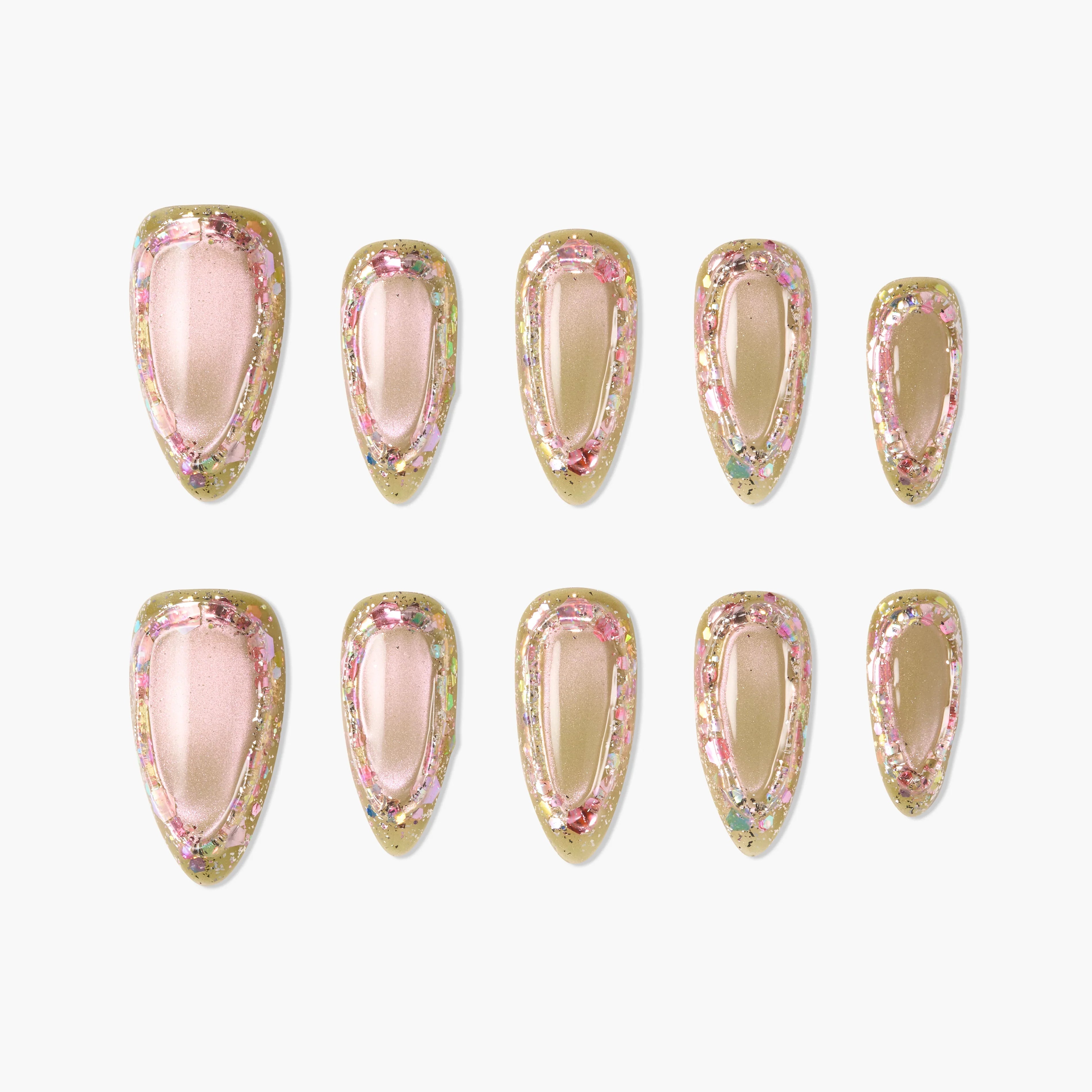 Handmade press-on nails in pink with gold and multicolor glitter border, ten-piece set