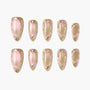 Handmade press-on nails in pink with gold and multicolor glitter border, ten-piece set