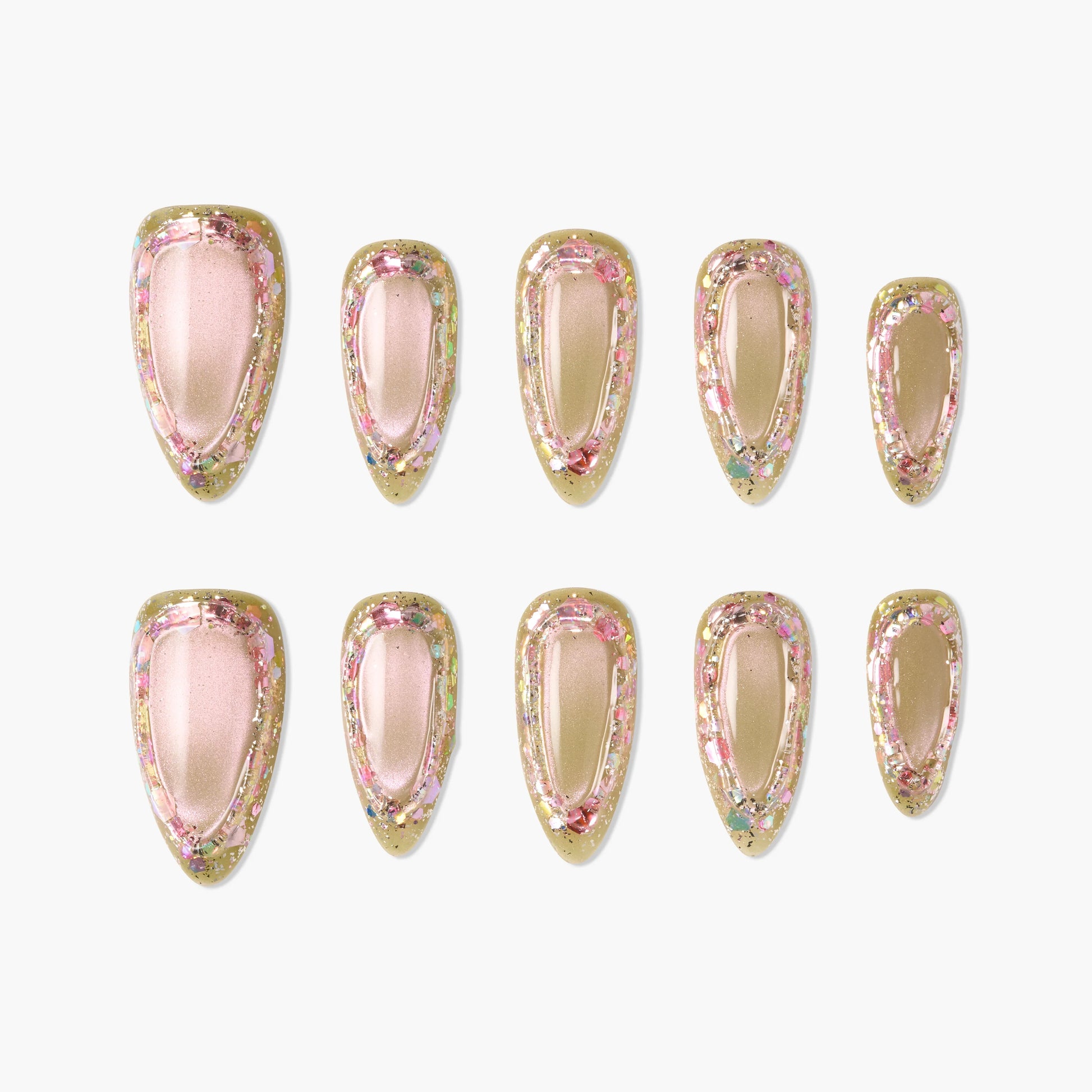 Handmade press-on nails in pink with gold and multicolor glitter border, ten-piece set