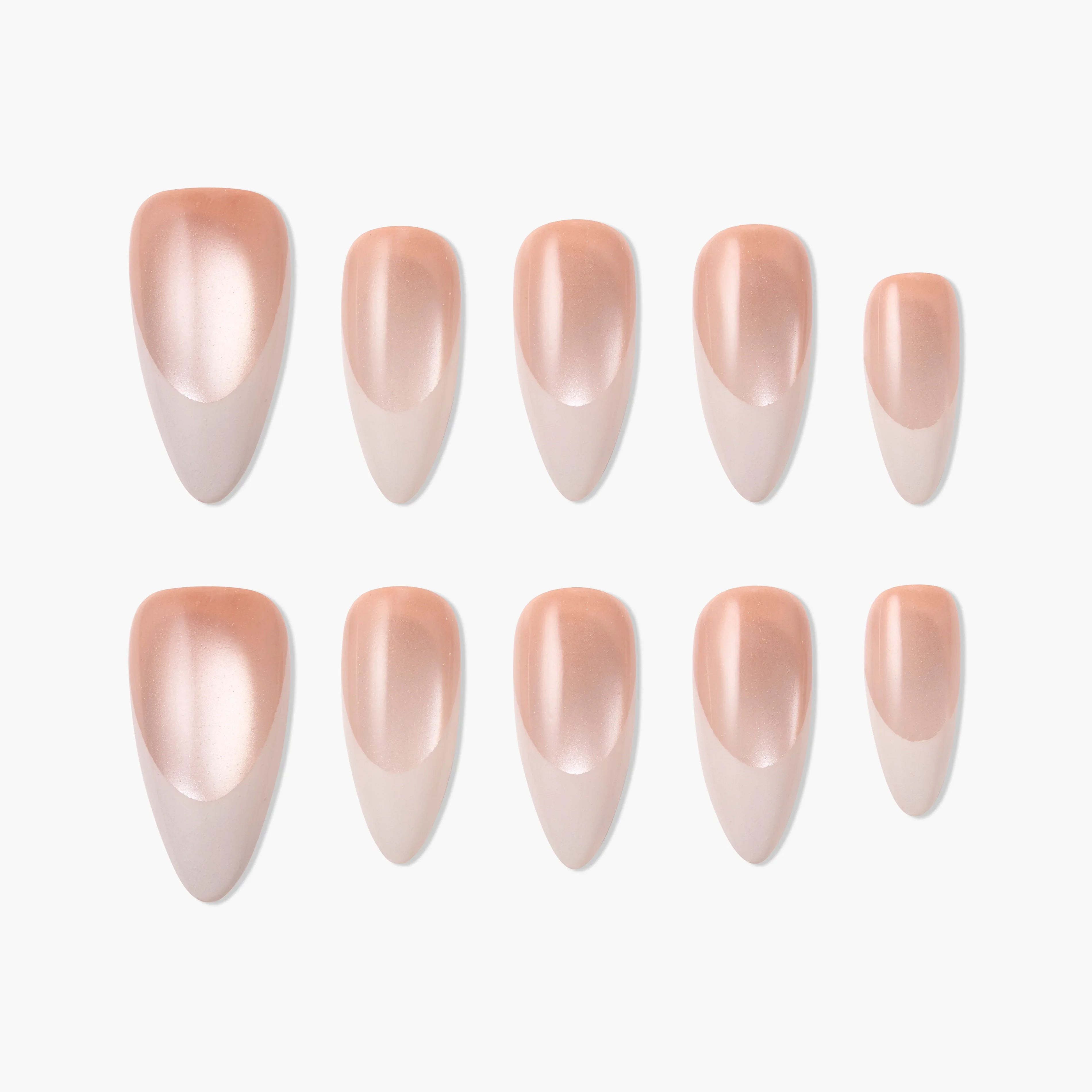 Set of glossy nude almond-shaped press-on nails with a natural gradient design