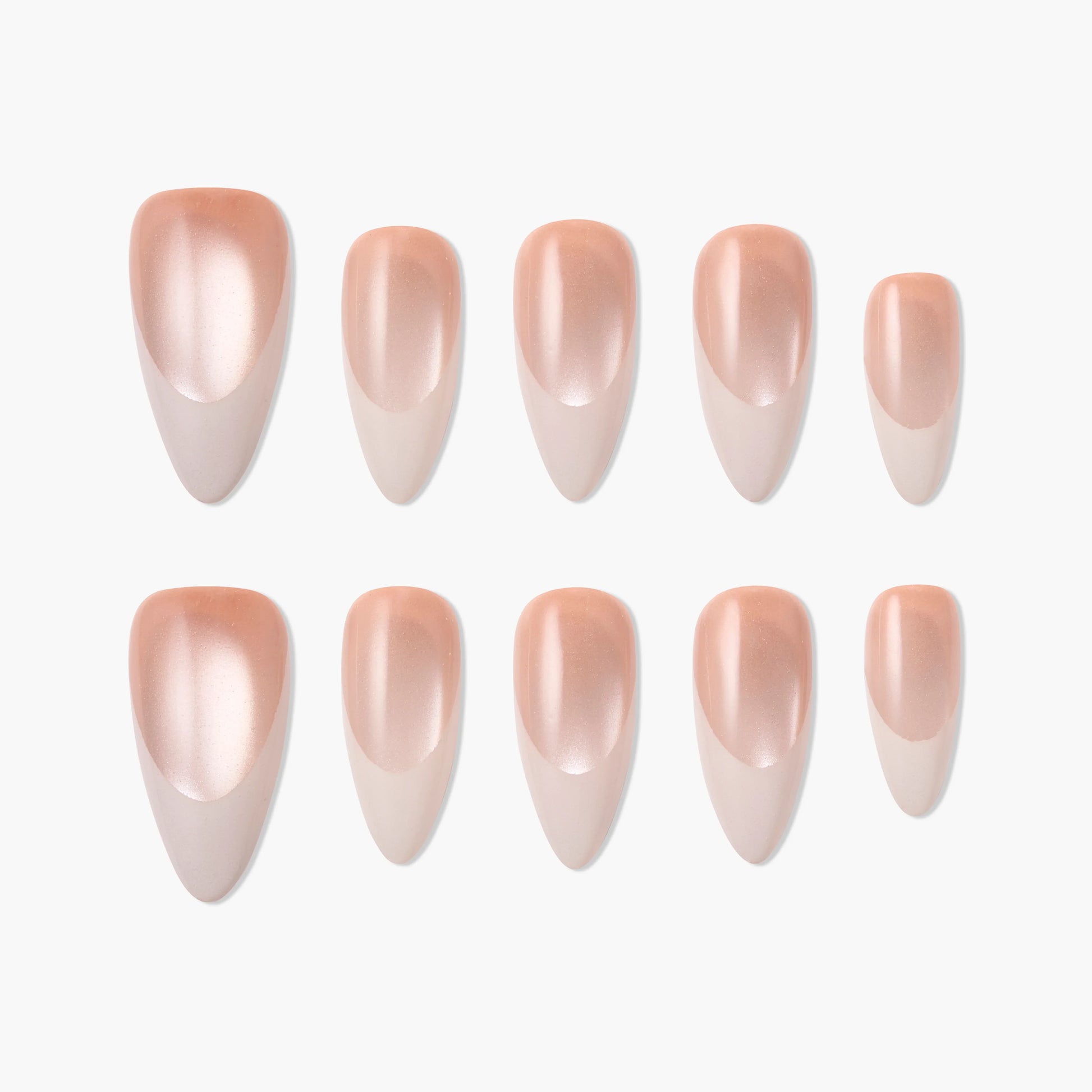 Set of glossy nude almond-shaped press-on nails with a natural gradient design