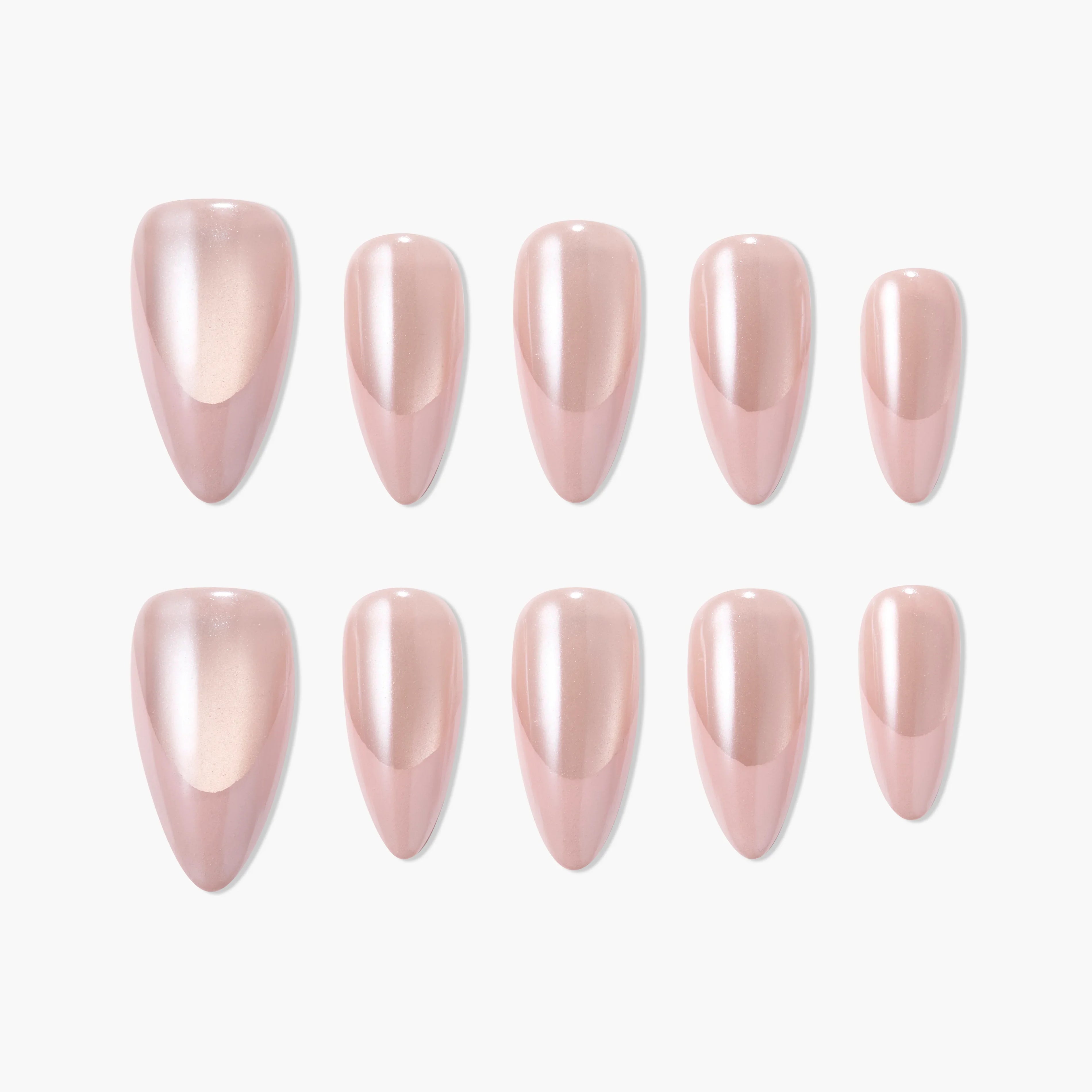 Glossy nude oval press-on nails set with a pearly finish, displayed on a white background.
