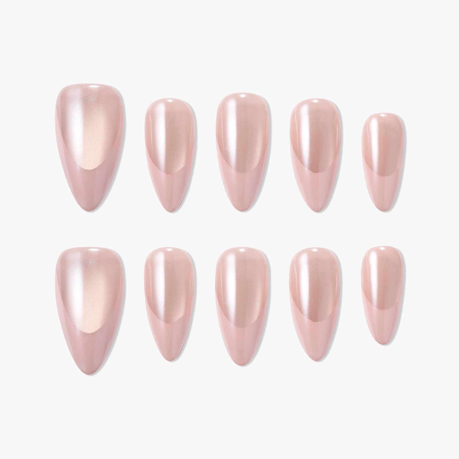 Glossy nude oval press-on nails set with a pearly finish, displayed on a white background.