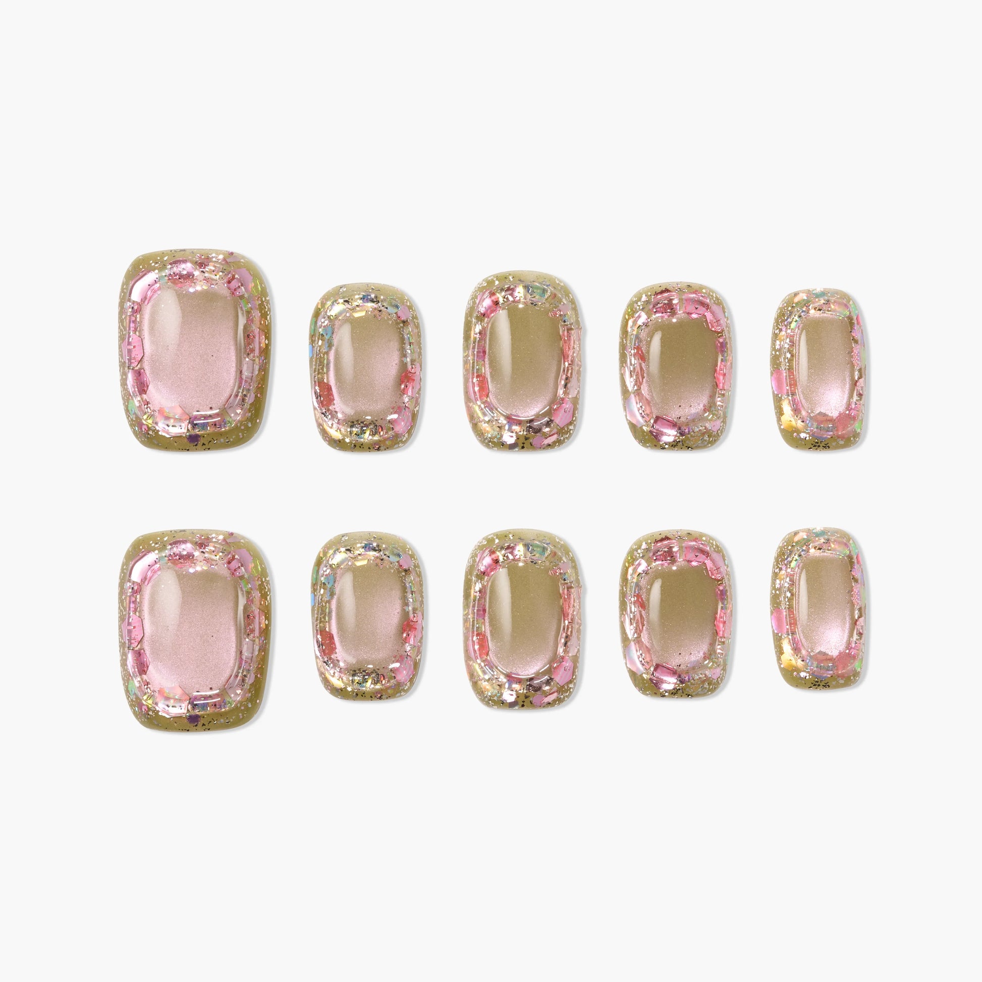Handmade press-on nails with pink and gold glitter design, arranged on a white background.