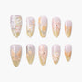 Handmade floral press-on nails with peach and gold gradient, 3D flowers, pearl and gem accents