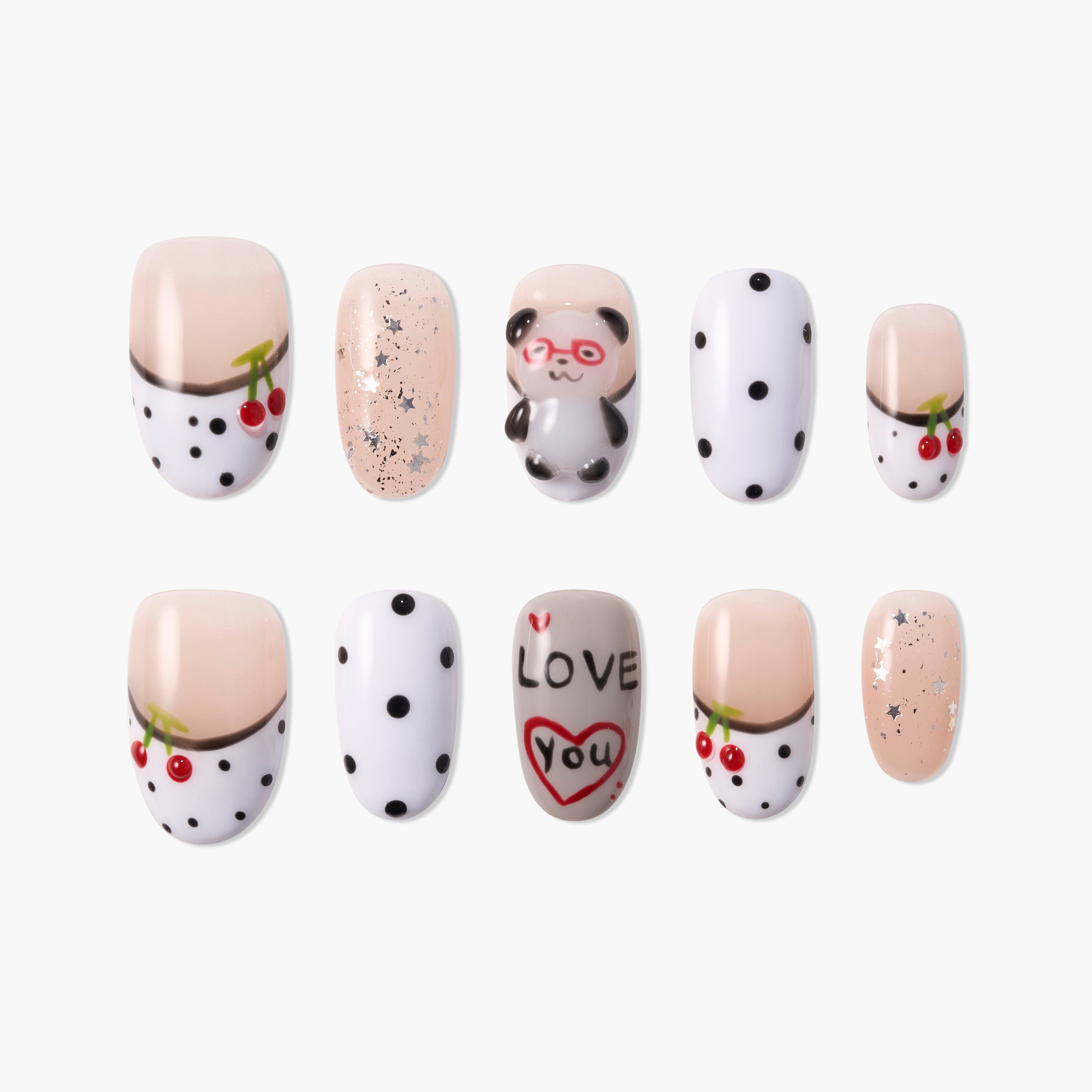 Handmade press-on nails set with polka dots, cherries, stars, panda and 'I love you' designs.
