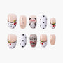 Handmade press-on nails set with polka dots, cherries, stars, panda and 'I love you' designs.