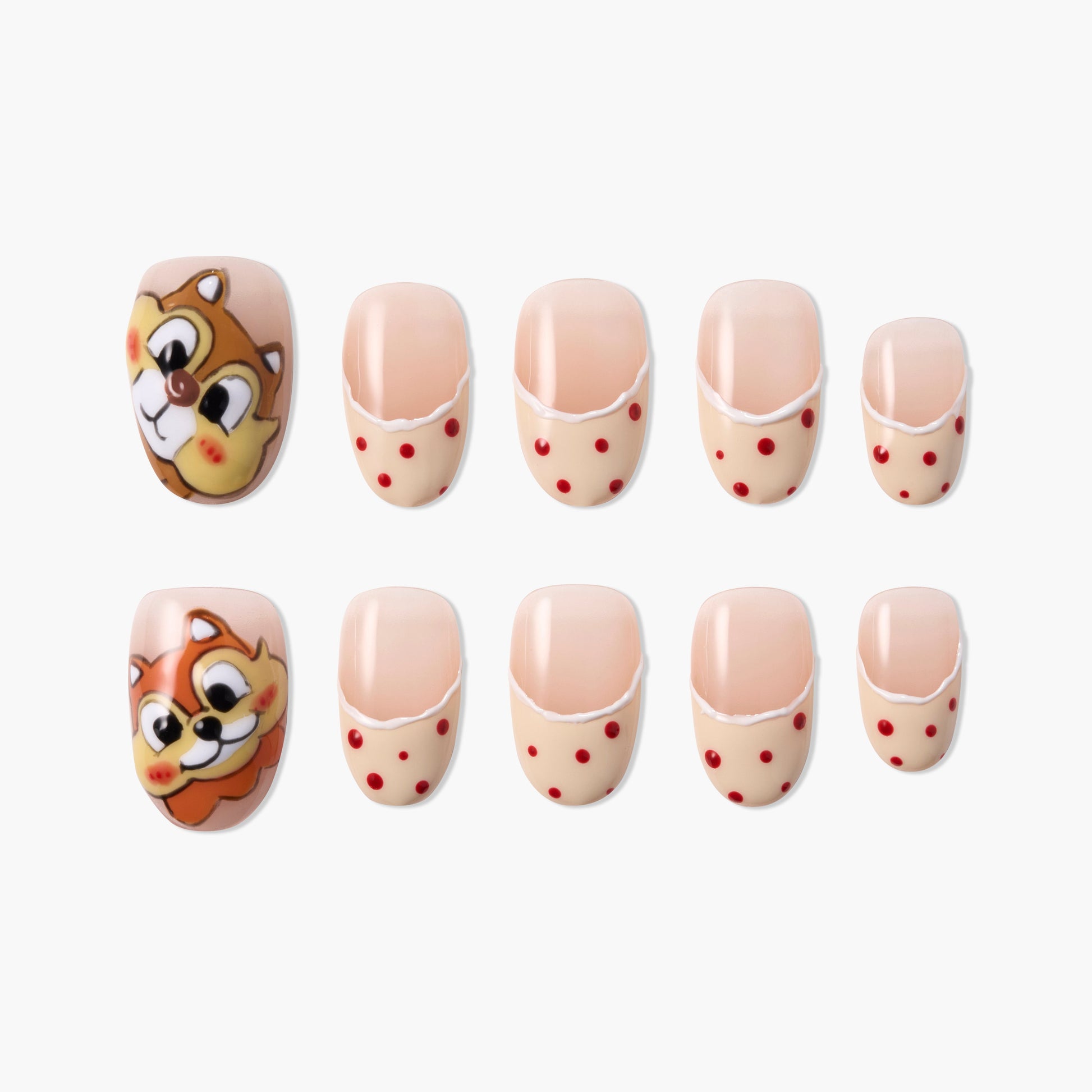 Handmade press-on nails with cartoon chipmunk faces and red polka dot designs.