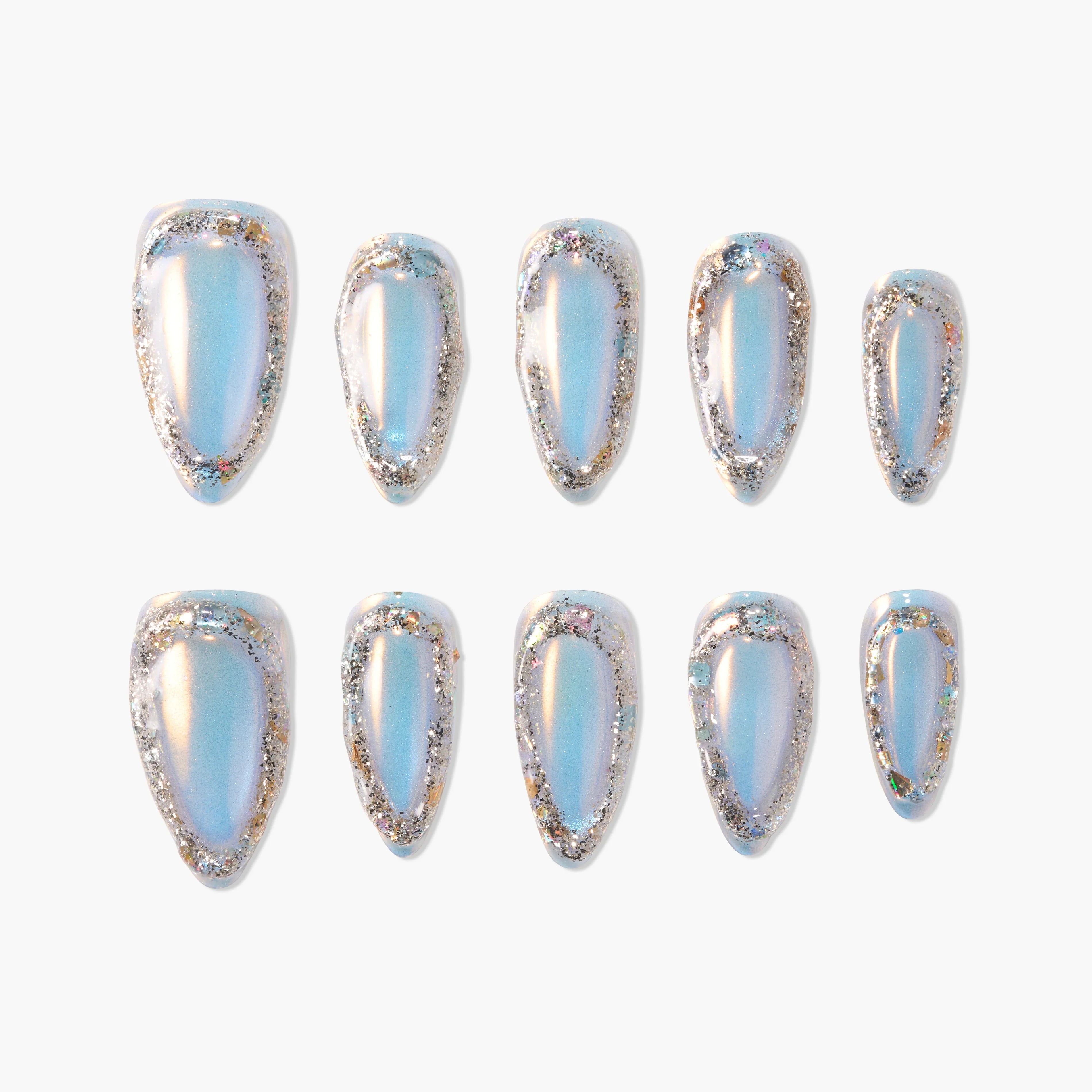 Holographic blue press-on nails with almond shape and silver glitter border on white background.