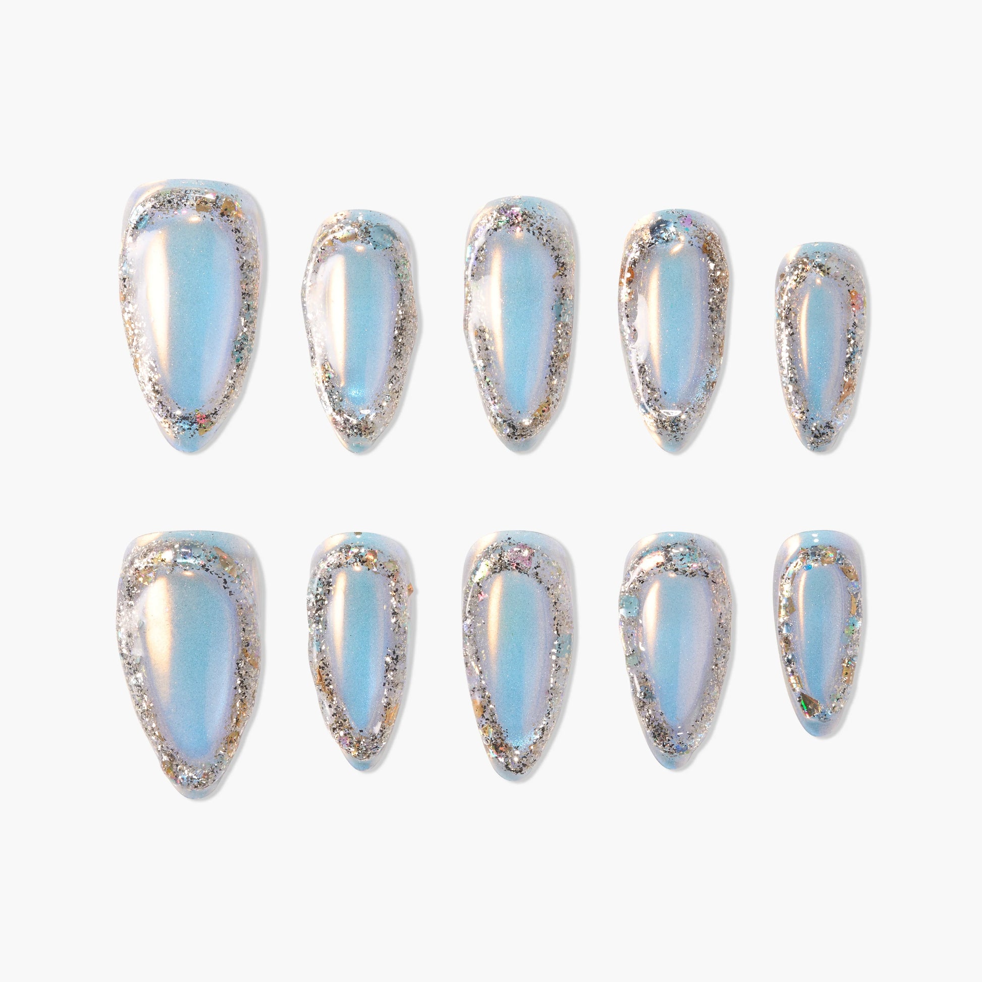 Holographic blue press-on nails with almond shape and silver glitter border on white background.