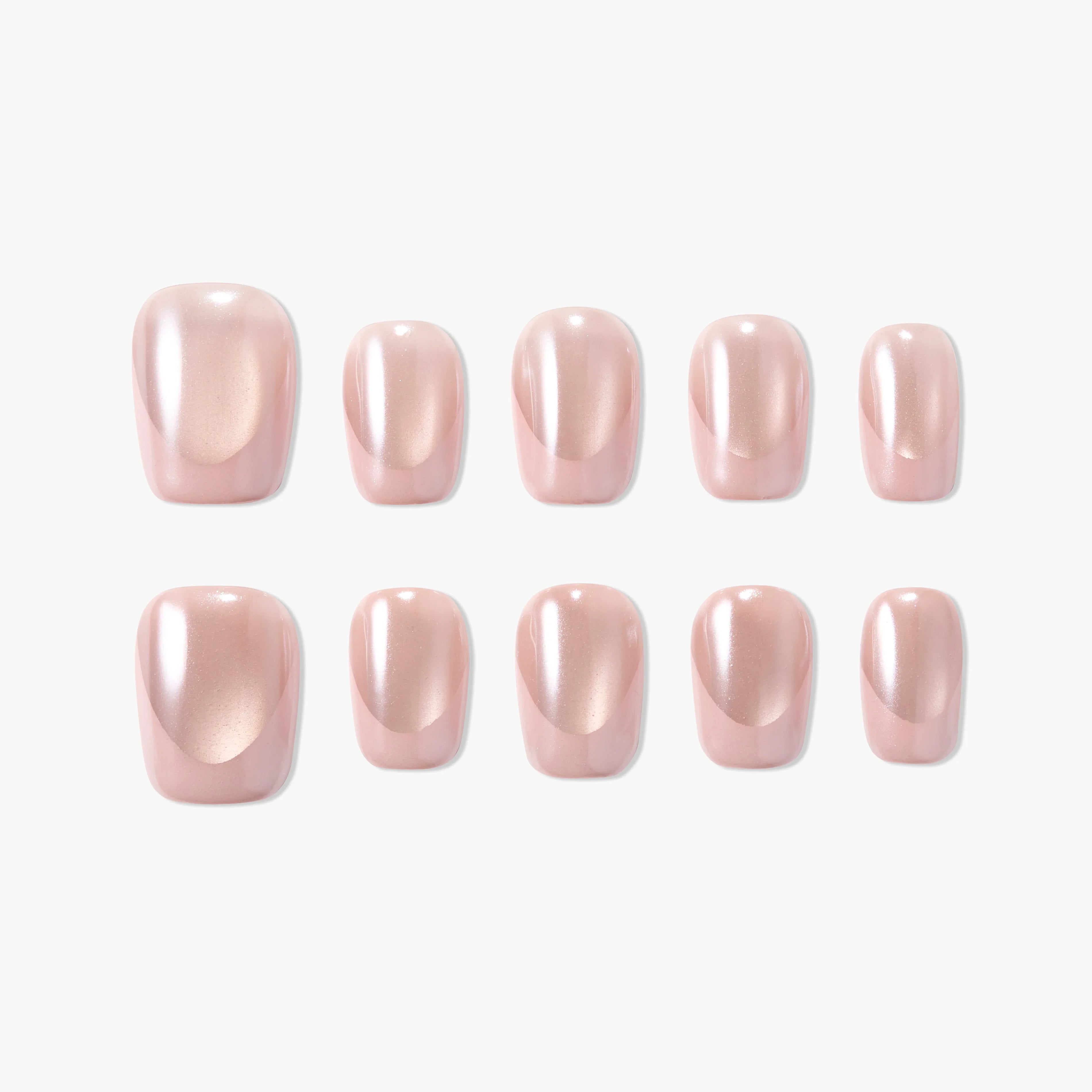 Set of glossy light pink almond-shaped press-on nails on white background