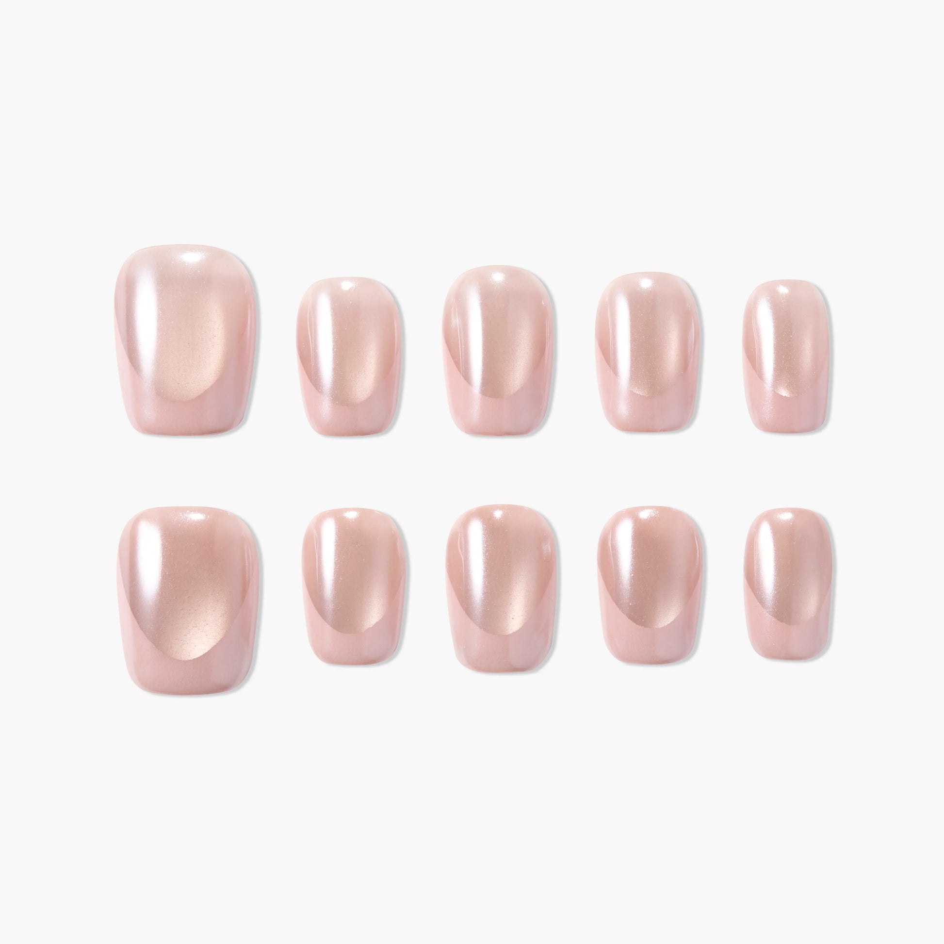 Set of glossy light pink almond-shaped press-on nails on white background