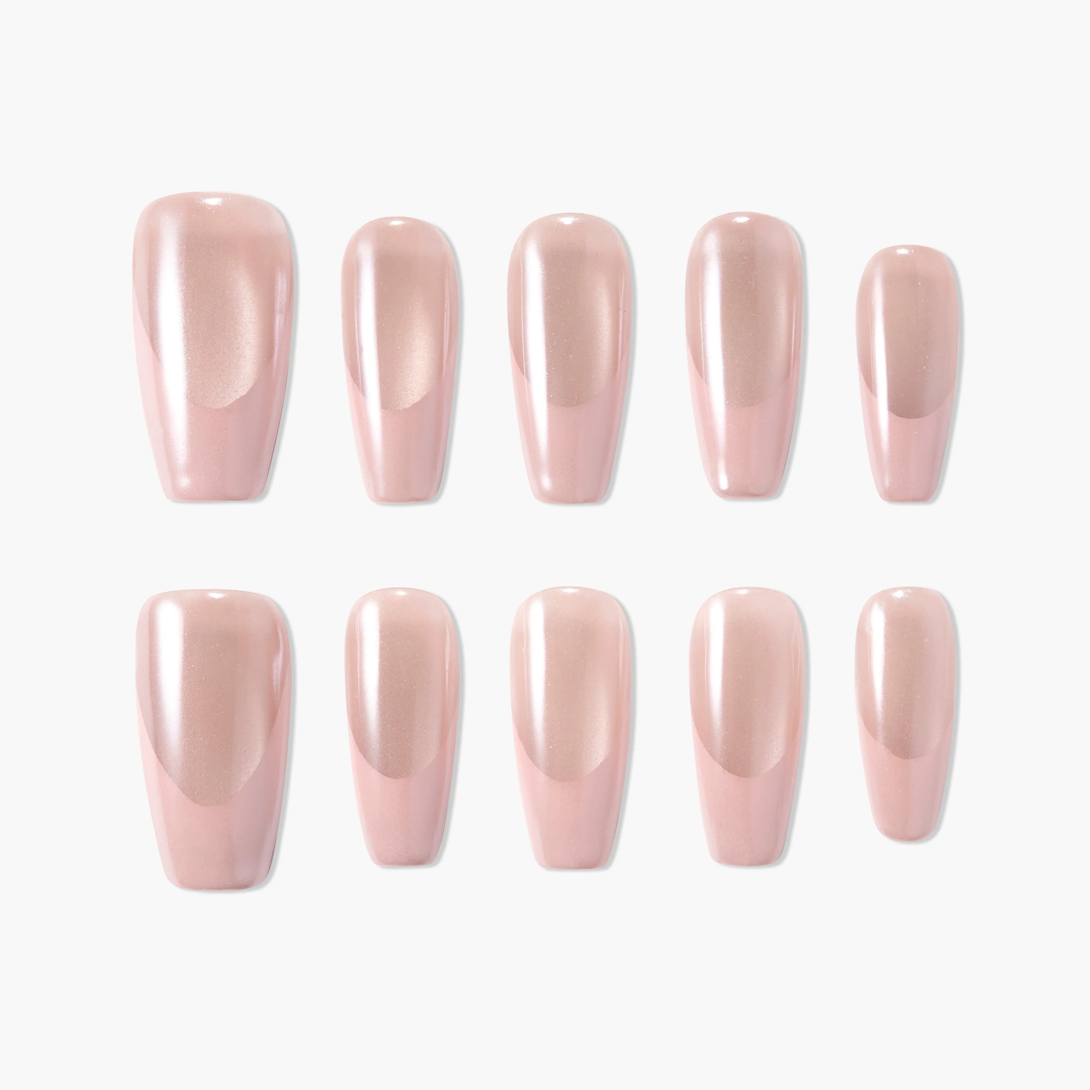 Set of glossy pink nude press-on nails with a subtle pearl shimmer, arranged on white background