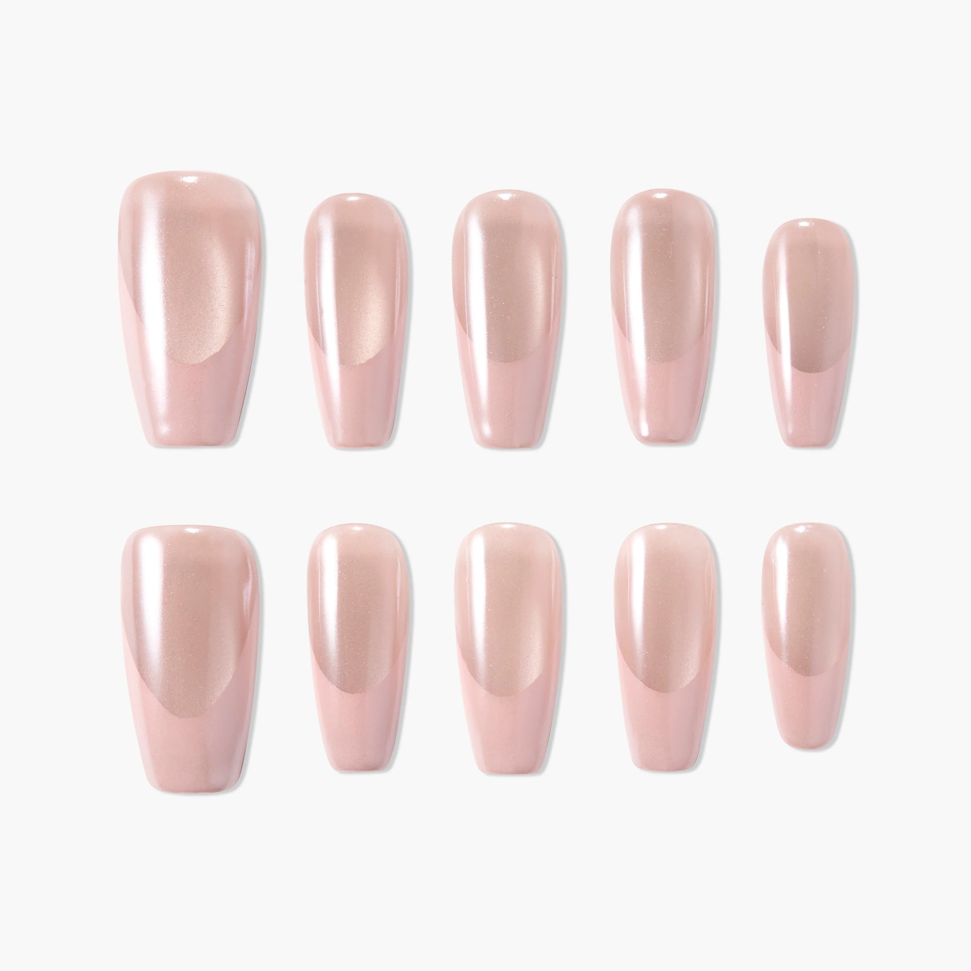 Set of glossy pink nude press-on nails with a subtle pearl shimmer, arranged on white background
